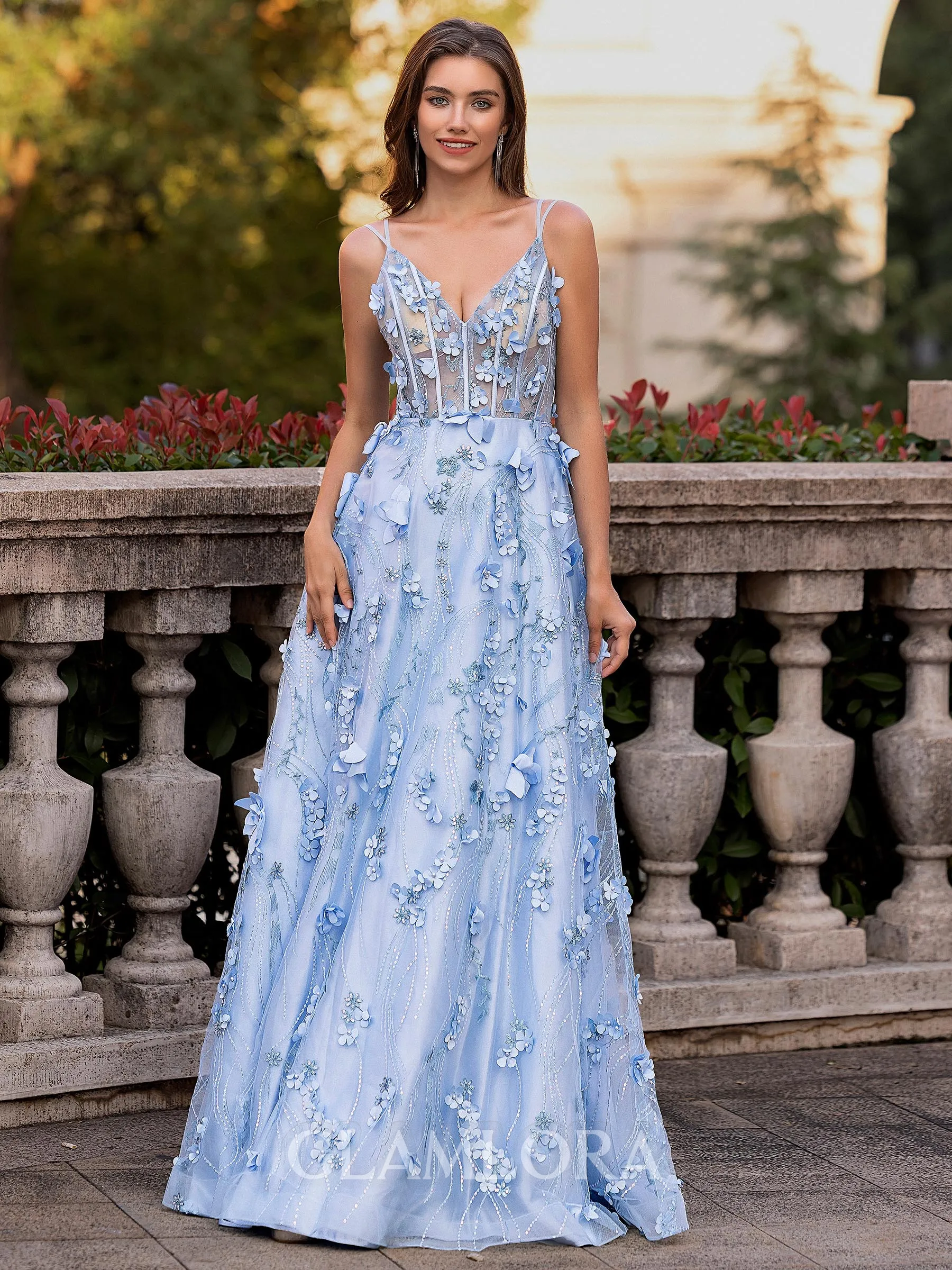 Unique A-line V-Neck Flower Floor-Length Satin Corset Prom Dress