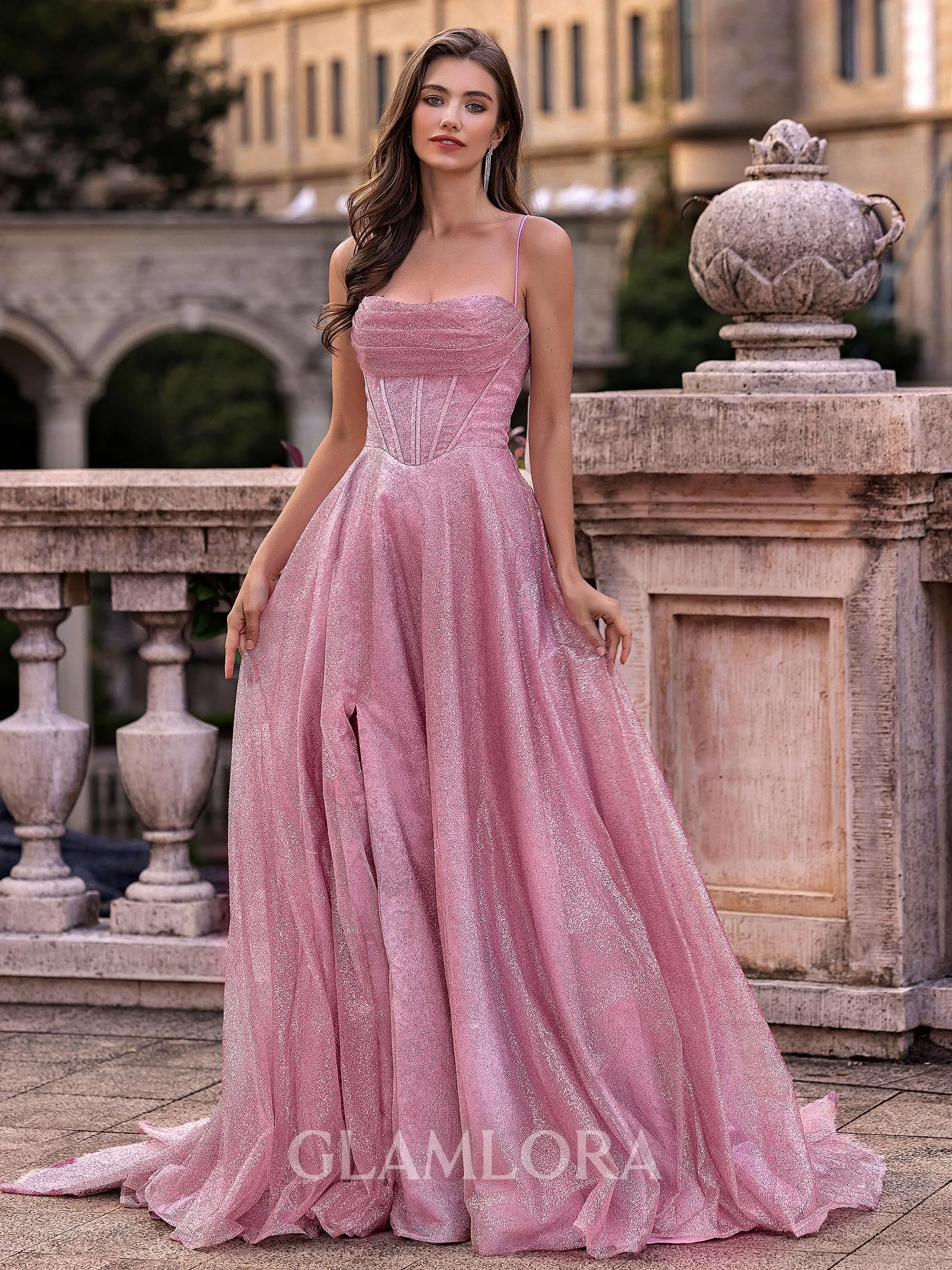 Immaculate A-line Spaghetti Straps Pleated Sweep Train Corset Prom Dress