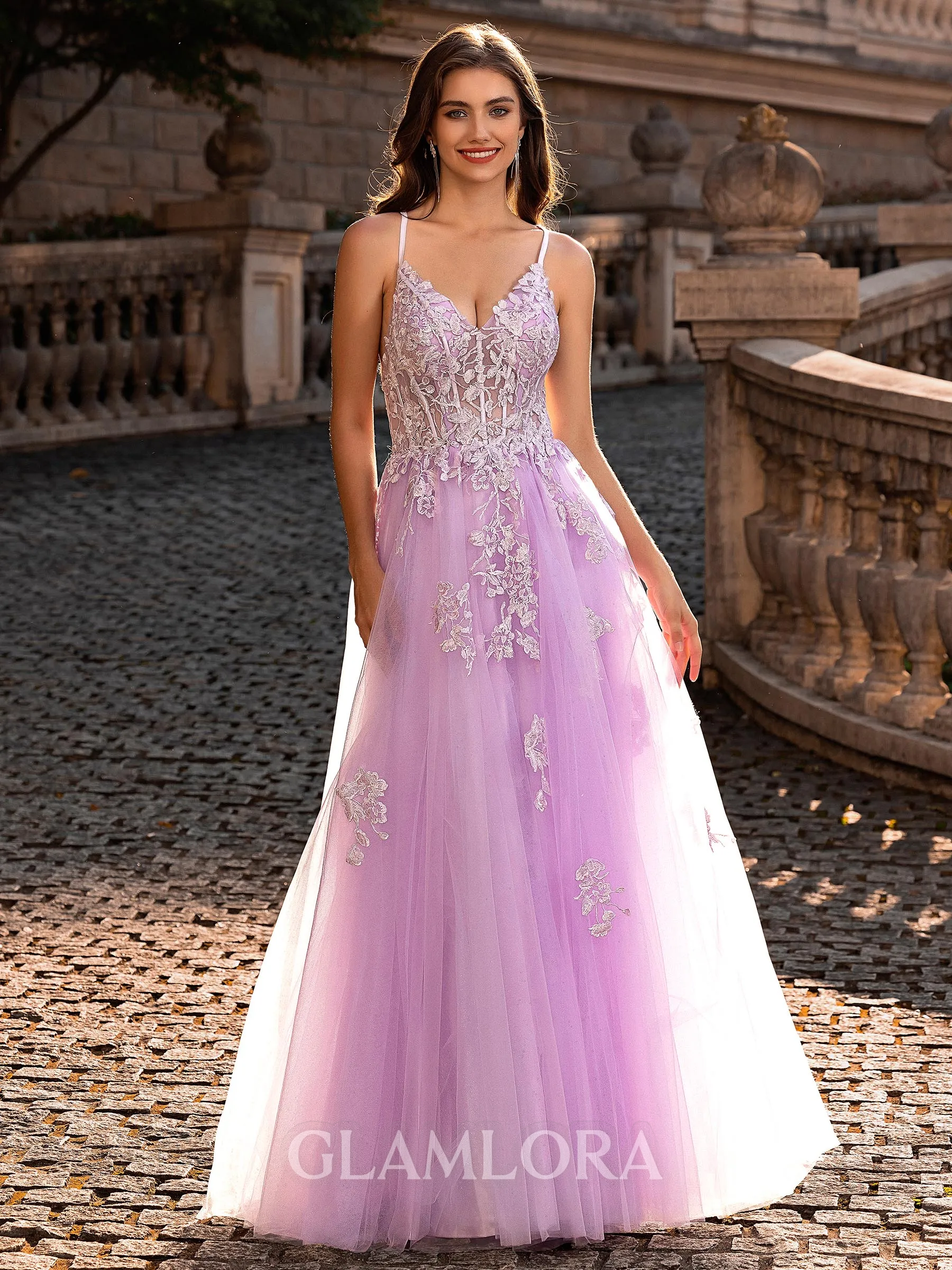 Modest A-line V-Neck Appliques Lace Floor-Length Tulle Corset Prom Dress