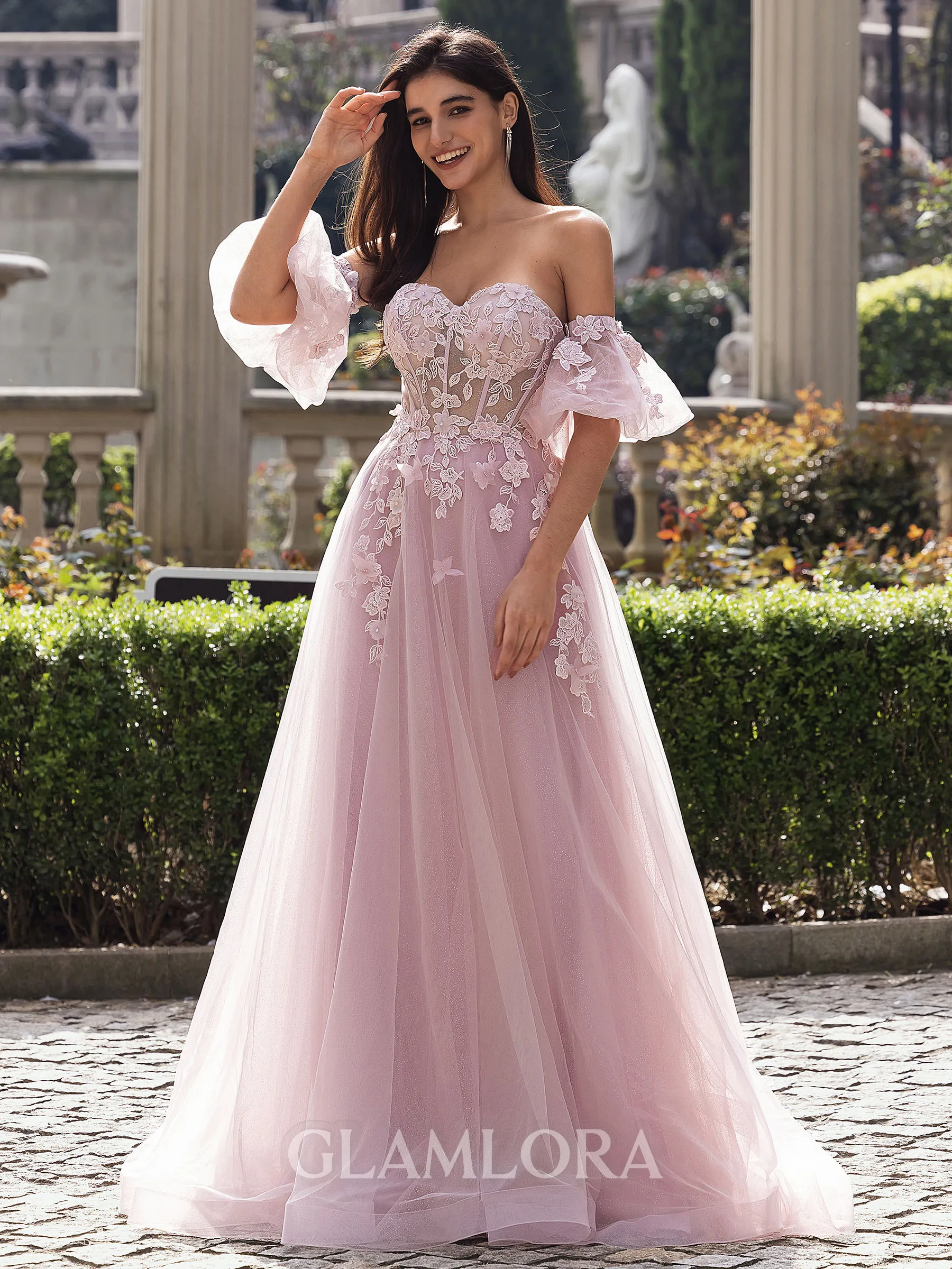 Glam A-line Sweetheart Short Sleeves Appliques Lace Court Train Tulle Corset Convertible Prom Dress