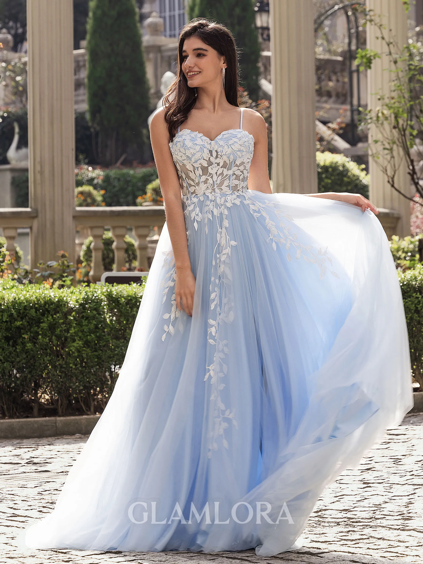 Unique A-line Spaghetti Straps Appliques Lace Sweep Train Tulle Corset Prom Dress