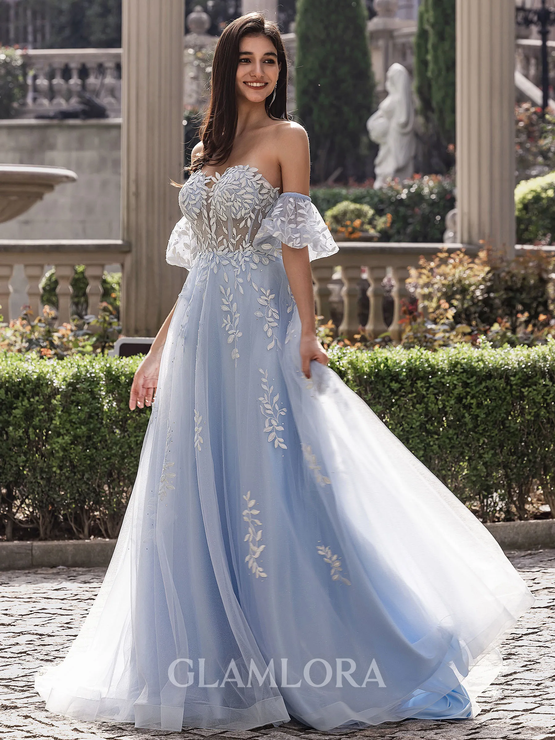 Pretty A-line Sweetheart Short Sleeves Appliques Lace Sweep Train Tulle Corset Prom Dress