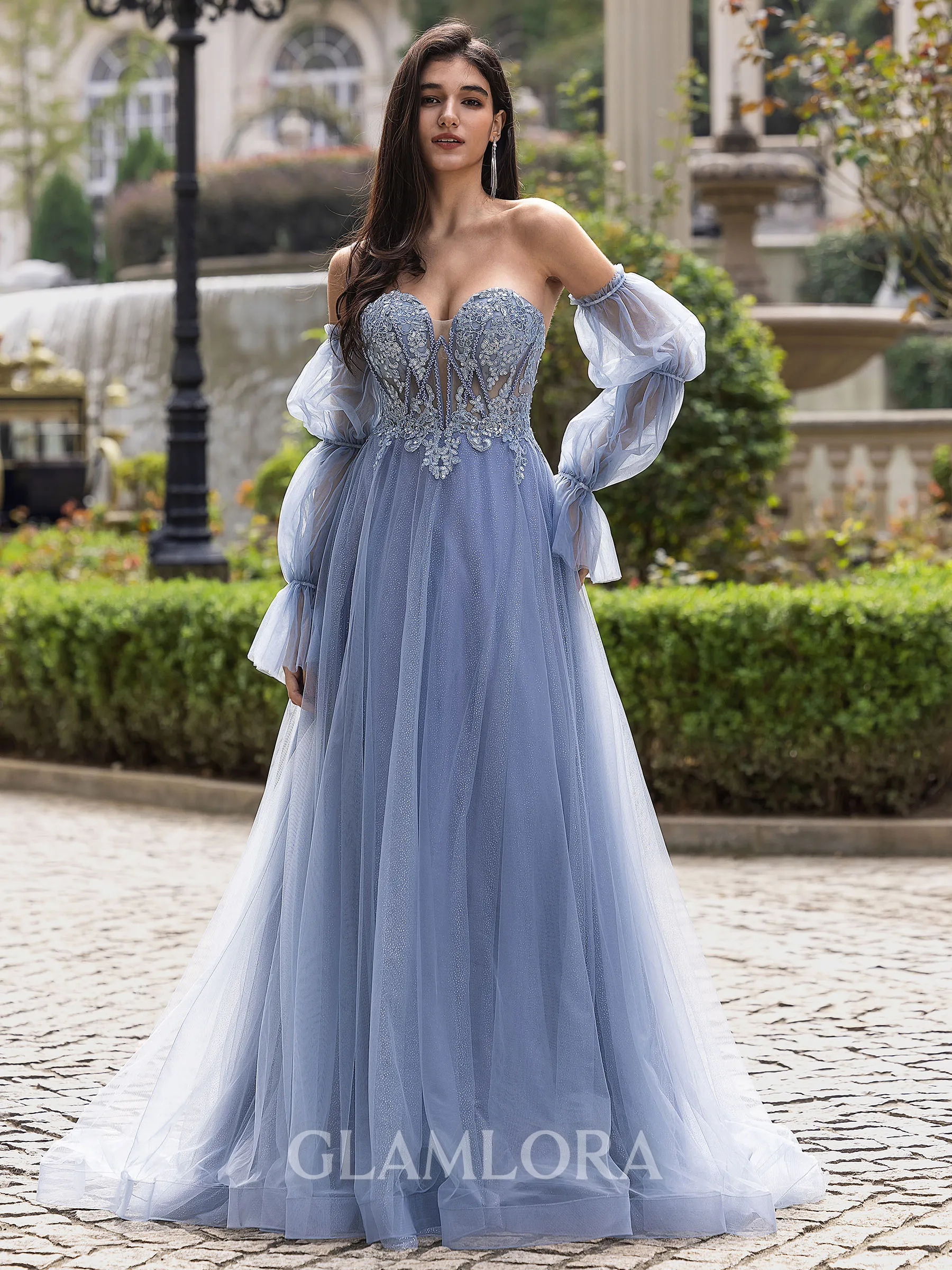 Hot A-line Sweetheart Long Sleeves Appliques Lace Sweep Train Tulle Corset Convertible Prom Dress