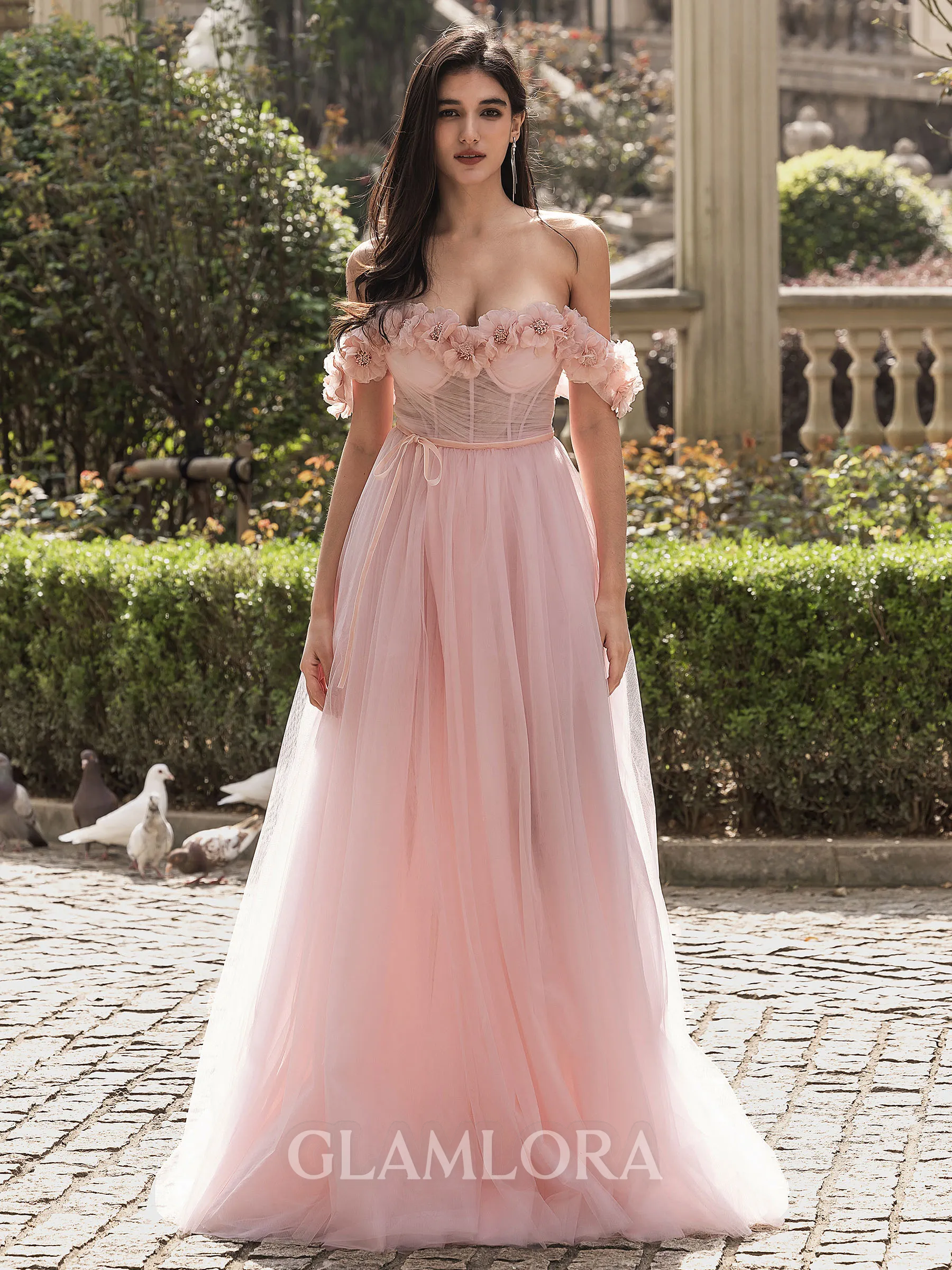 Glamorous A-line Off-the-Shoulder Flower Sweep Train Tulle Corset Prom Dress