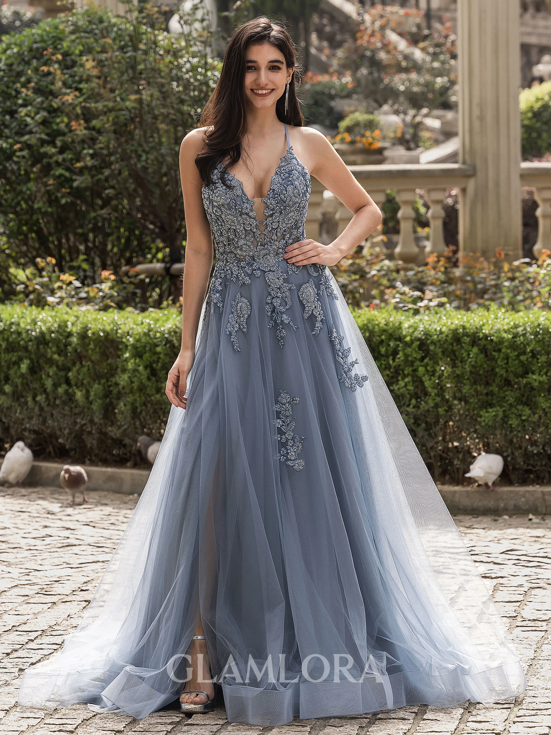 Elegant A-line V-Neck Appliques Lace Sweep Train Tulle Corset Prom Dress