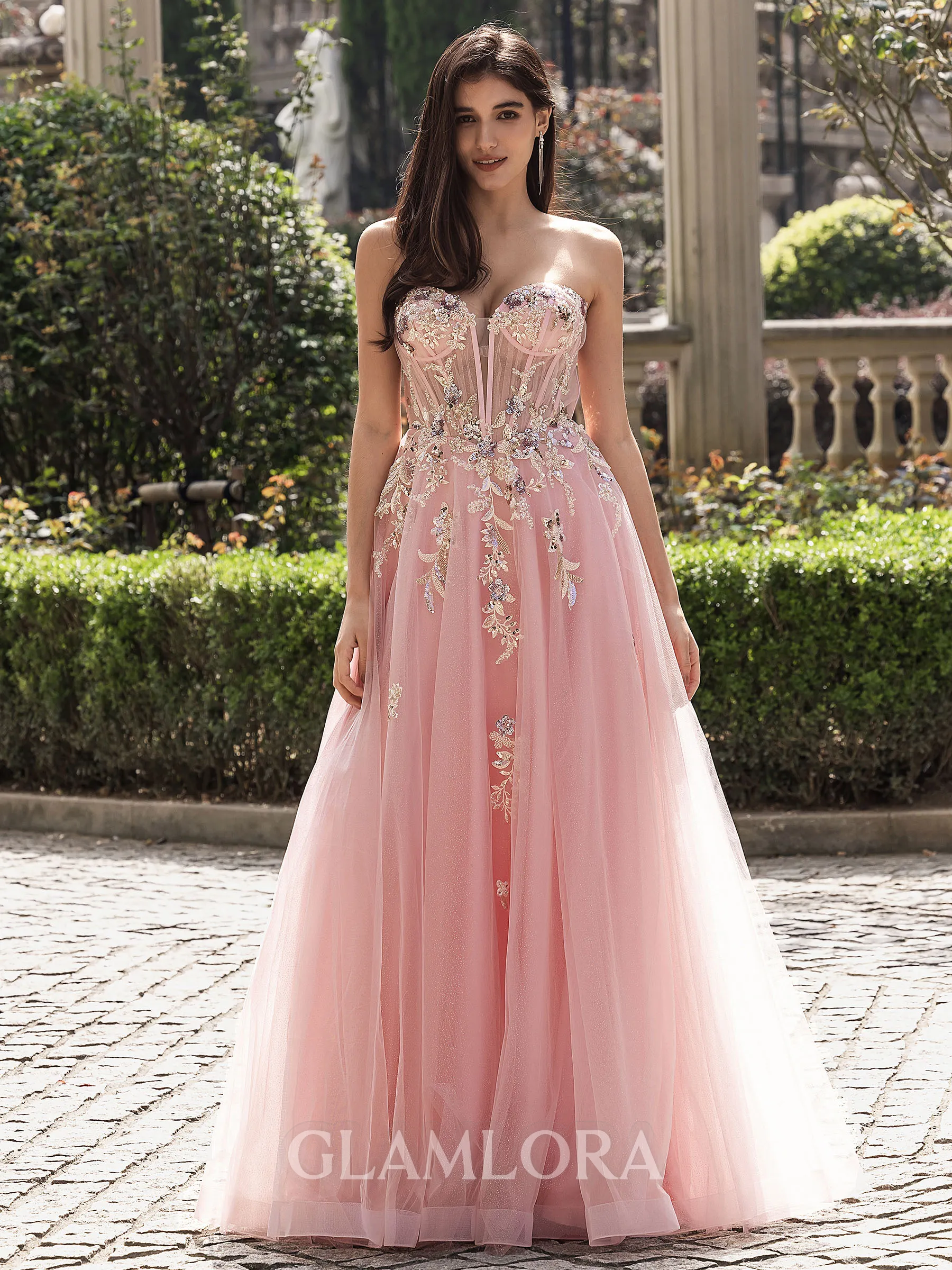 Opulent A-line Sweetheart Appliques Lace Floor-Length Tulle Corset Prom Dress