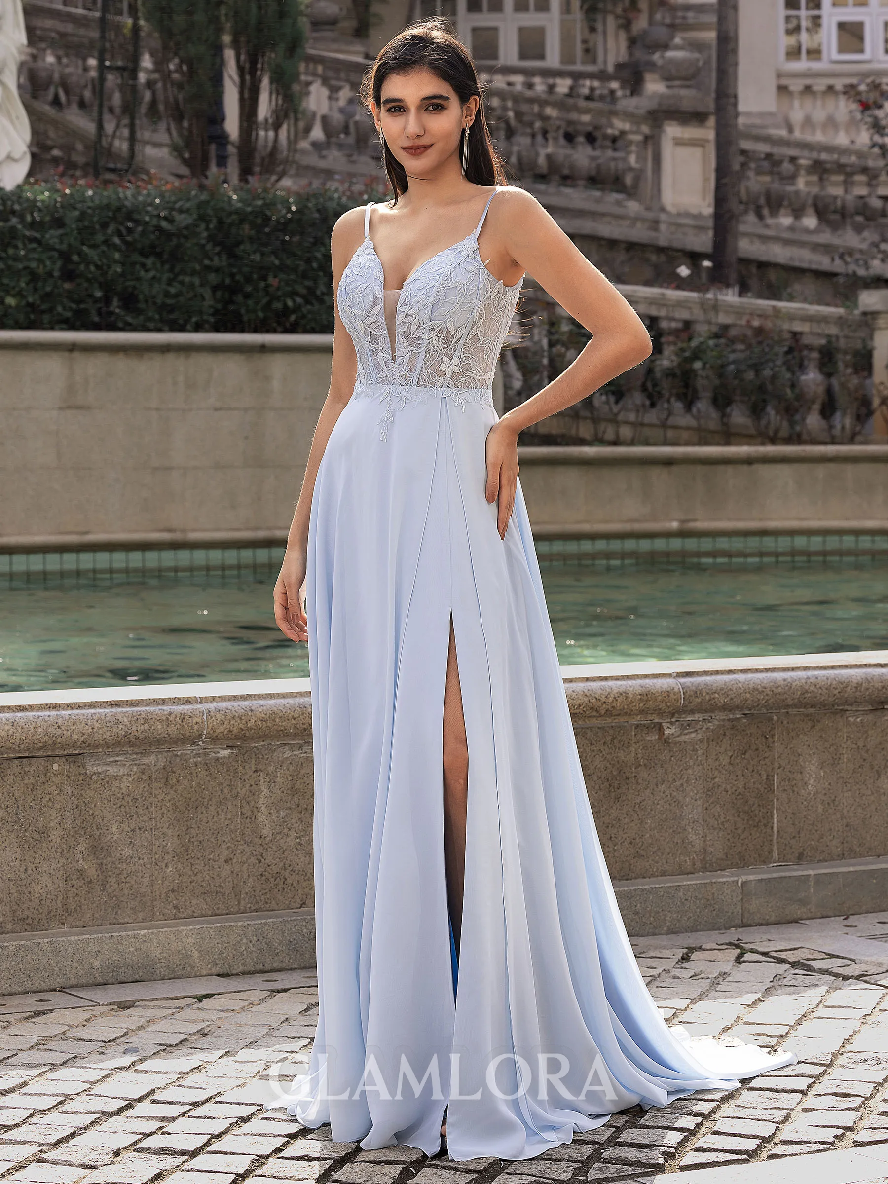 Extravagant A-line V-Neck Appliques Lace Sweep Train Chiffon Corset Prom Dress