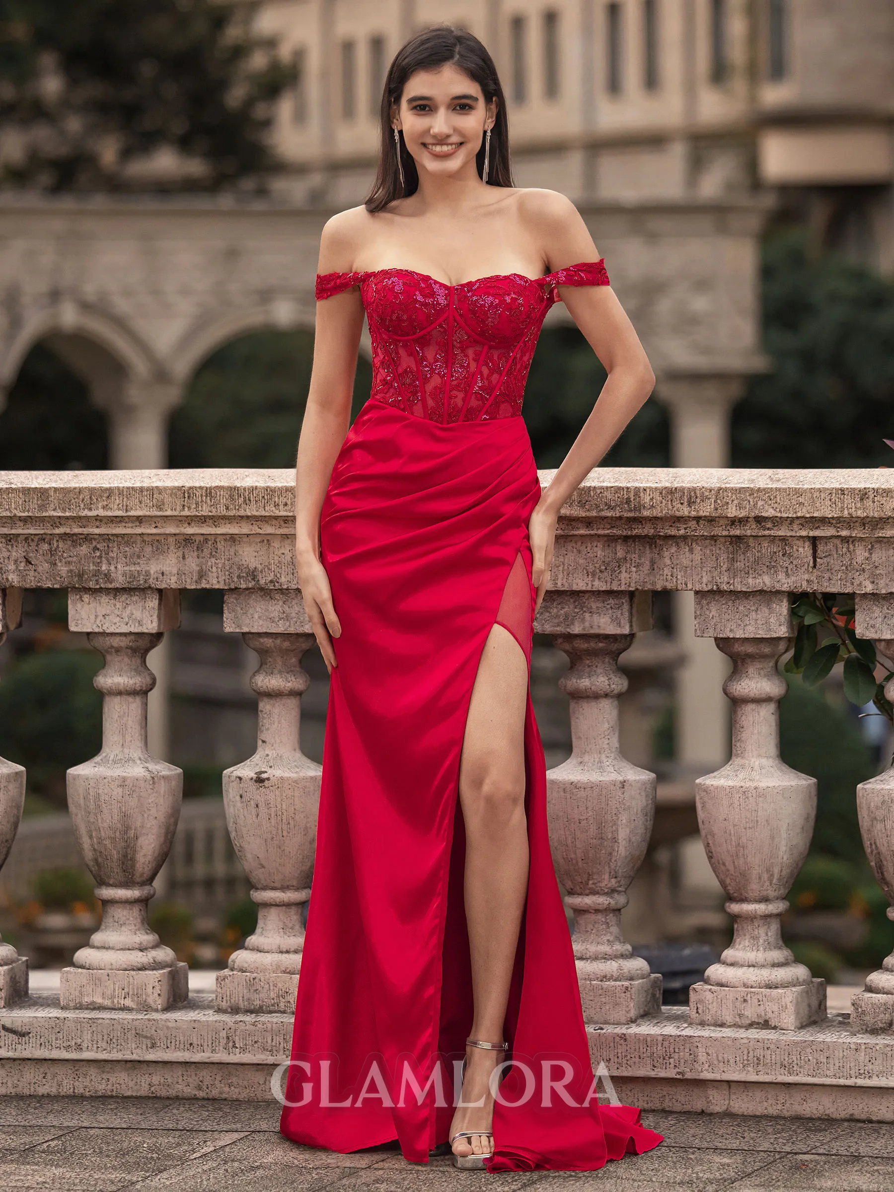 Splendid Sheath Off-the-Shoulder Appliques Lace Sweep Train Silk like Satin Corset Prom Dress
