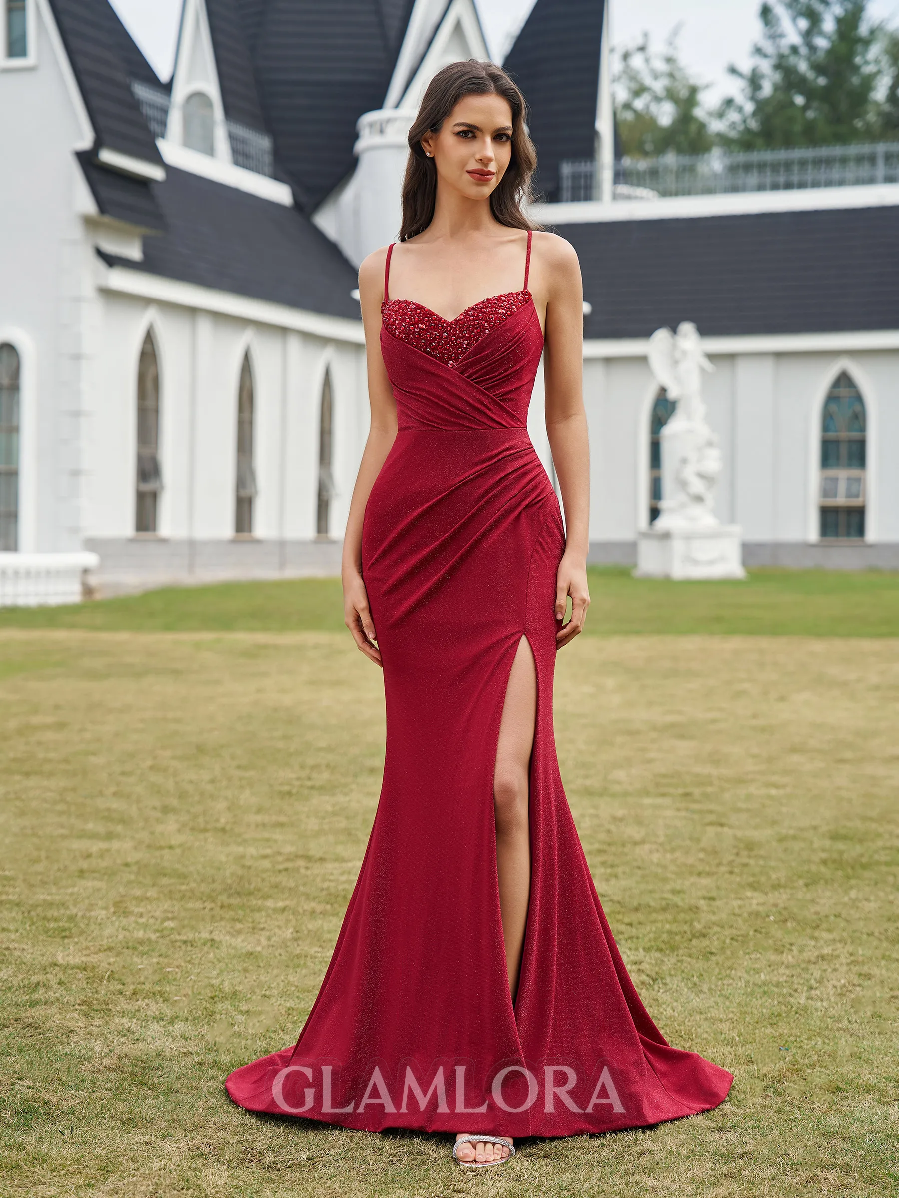 Regal Sheath V-Neck Pleated Sweep Train Prom Dress