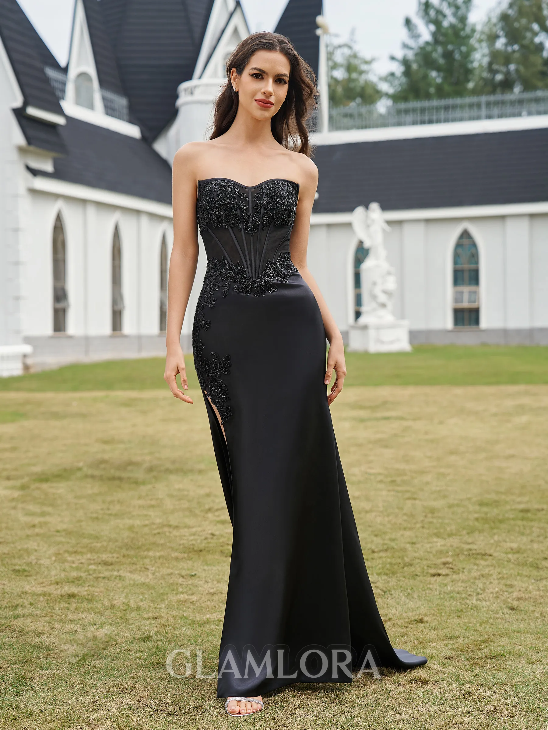 Refined Sheath Straight Appliques Lace Sweep Train Silk like Satin Corset Prom Dress