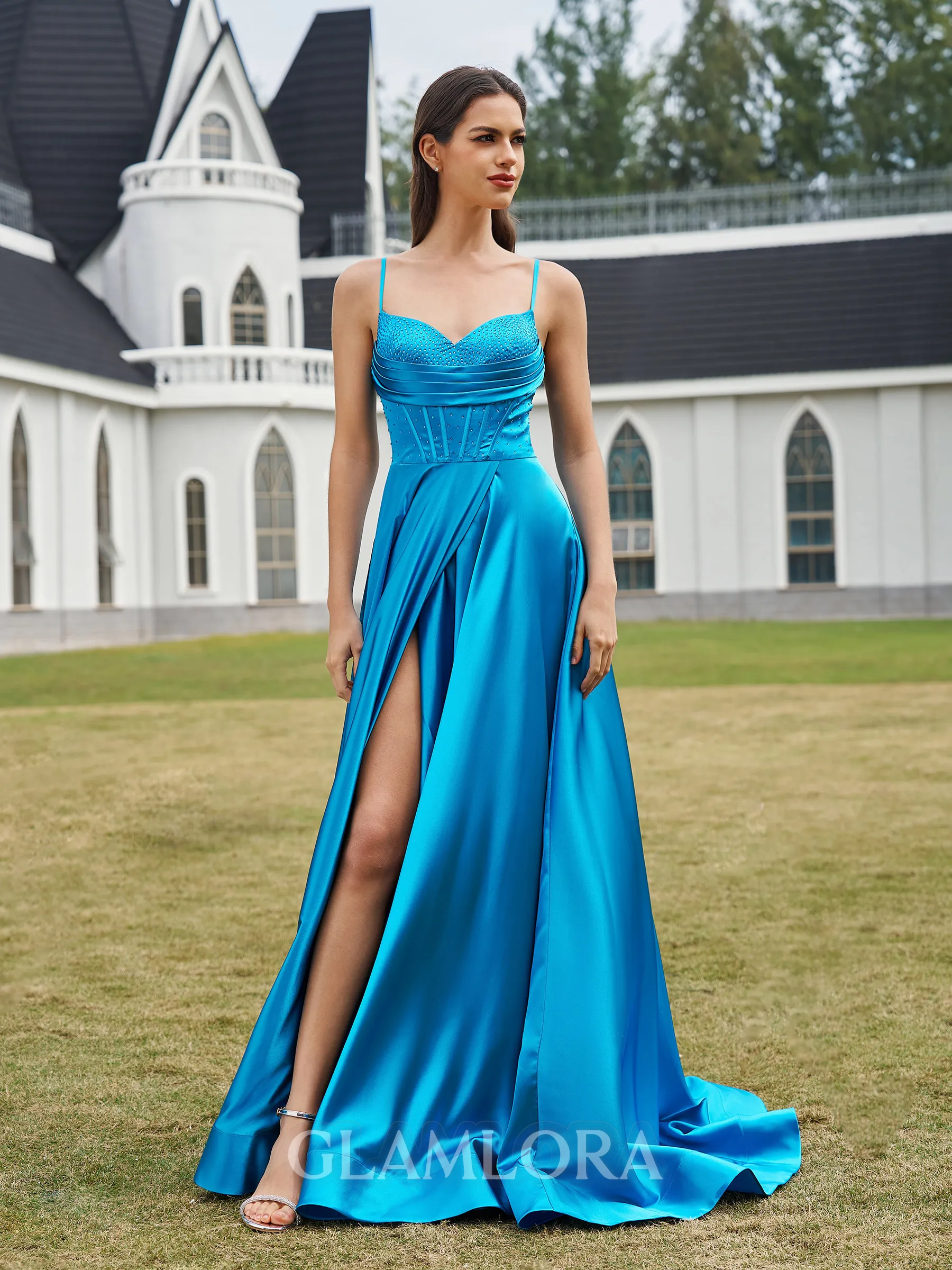 Chic A-line Spaghetti Straps Pleated Sweep Train Corset Prom Dress