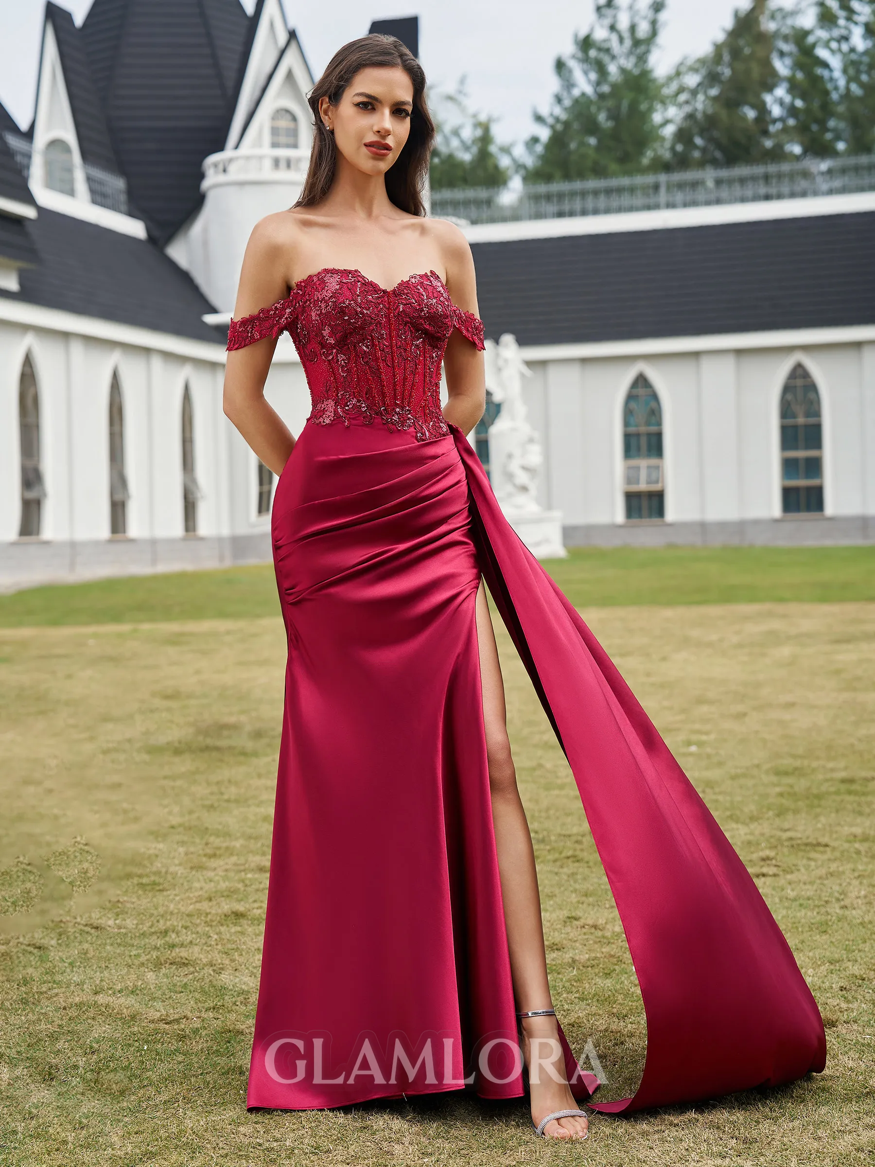 Flattering Sheath Off-the-Shoulder Appliques Lace Sweep Train Silk like Satin Corset Prom Dress