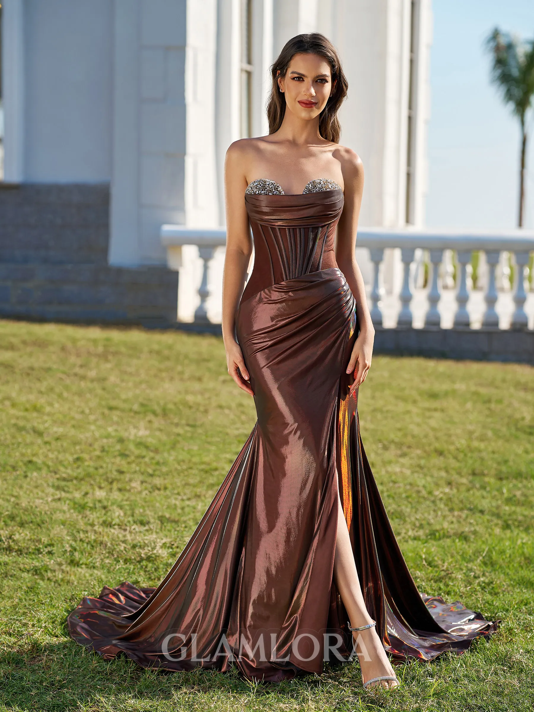 Gracious Sheath Sweetheart Pleated Court Train Metallic Satin Corset Evening Dress