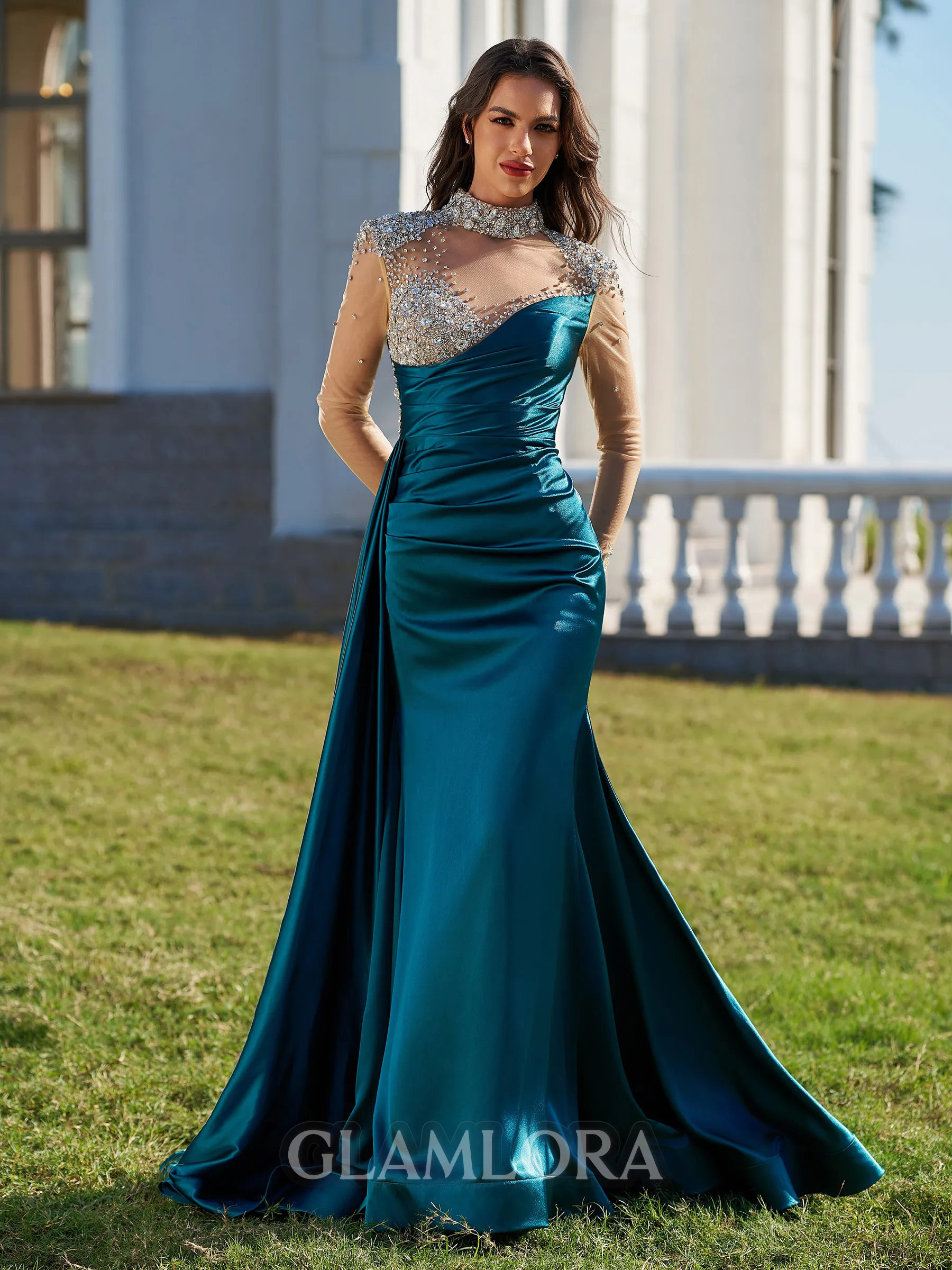 Stunning Sheath High Neck Long Sleeves Rhinestone Sweep Train Silk Like Satin Prom Dress
