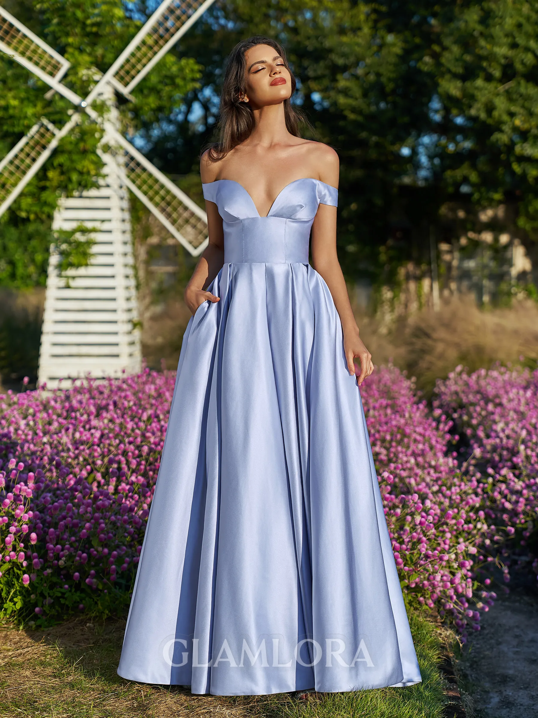 Noble A-line Off-the-Shoulder Floor-Length Satin Prom Dress