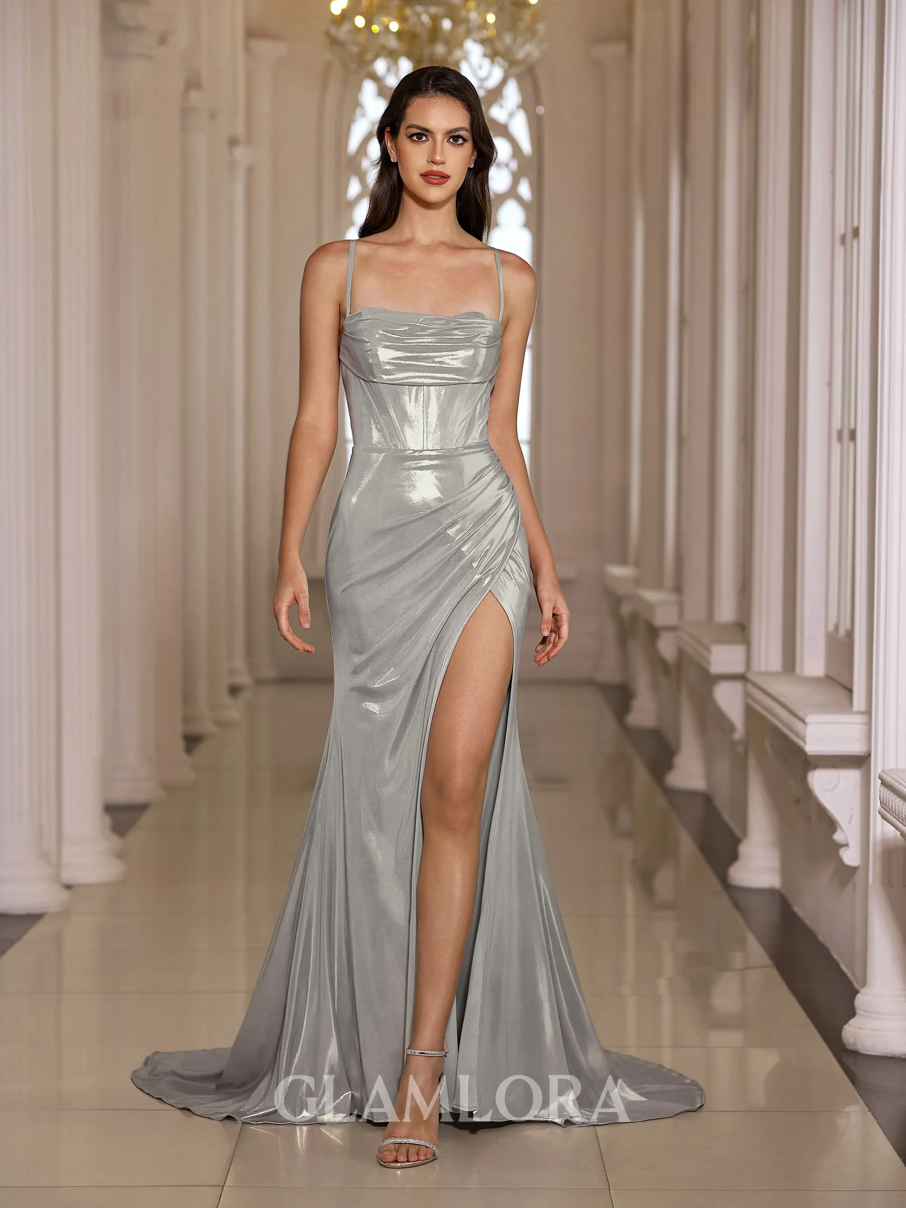 Understated Sheath Cowl Pleated Court Train Metallic Satin Corset Prom Dress