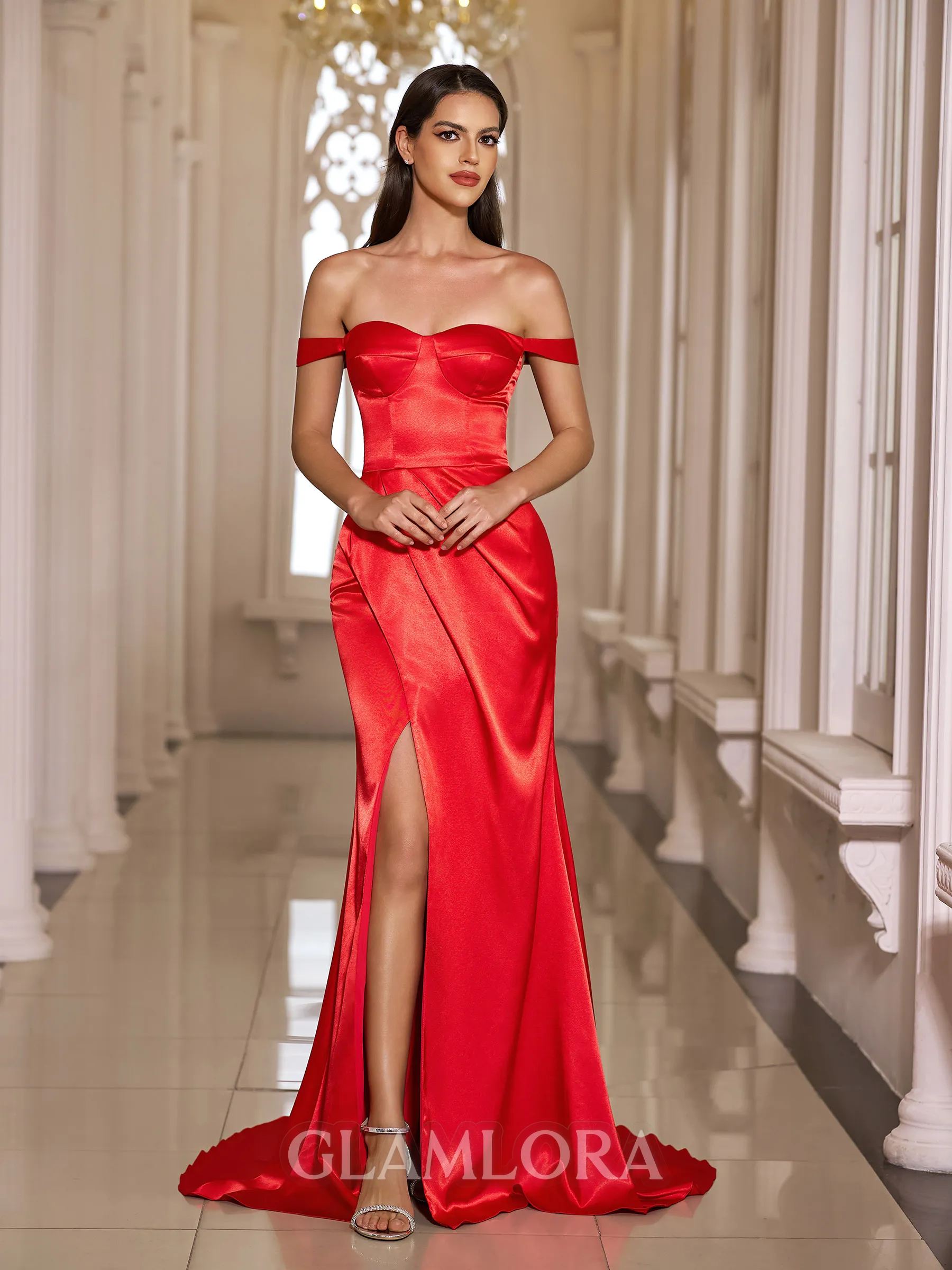 Radiant Sheath Off-the-Shoulder Pleated Court Train Silk like Satin Prom Dress