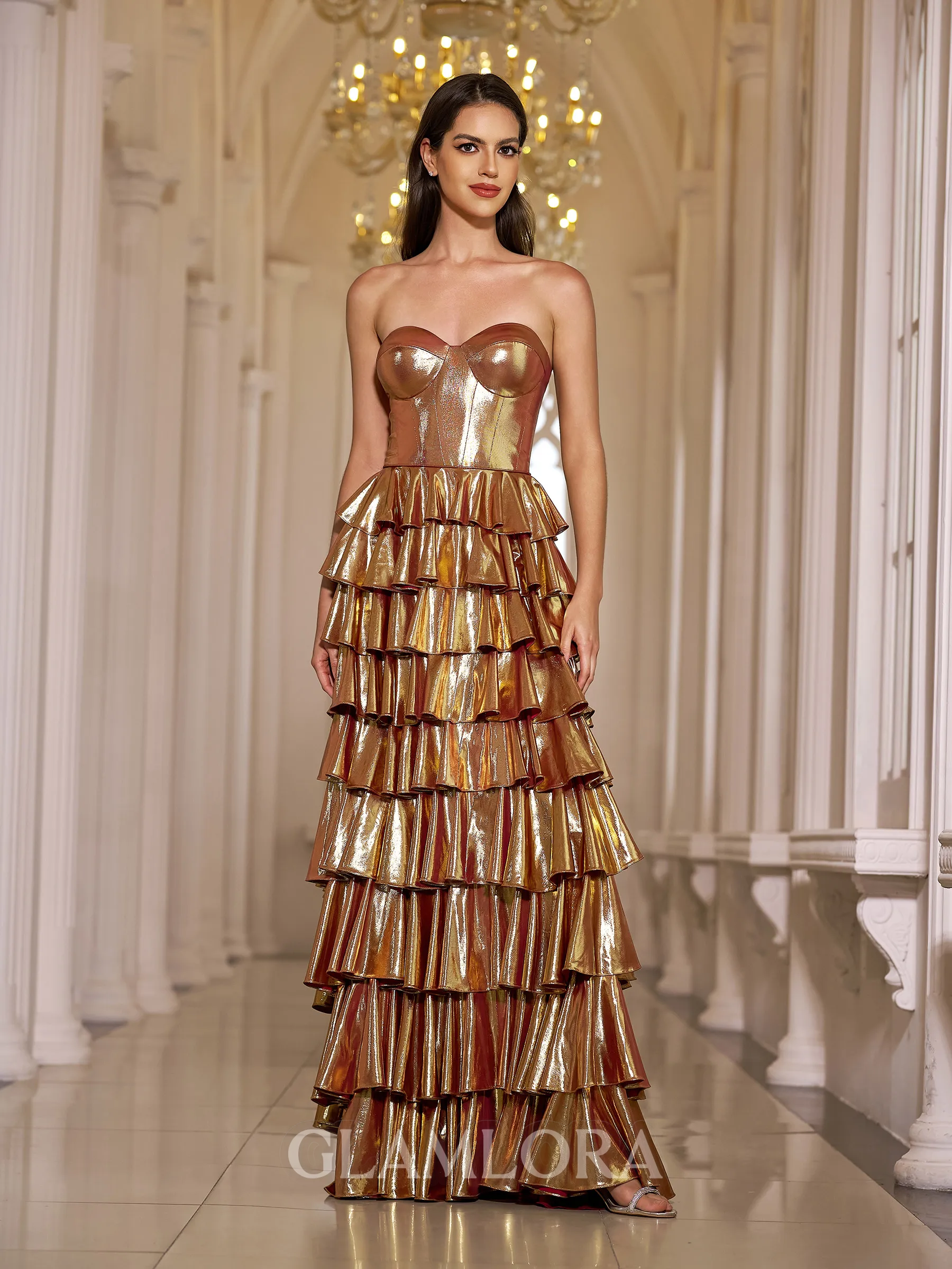 Impeccable A-line Sweetheart Cascading Ruffles Sweep Train Metallic Satin Prom Dress