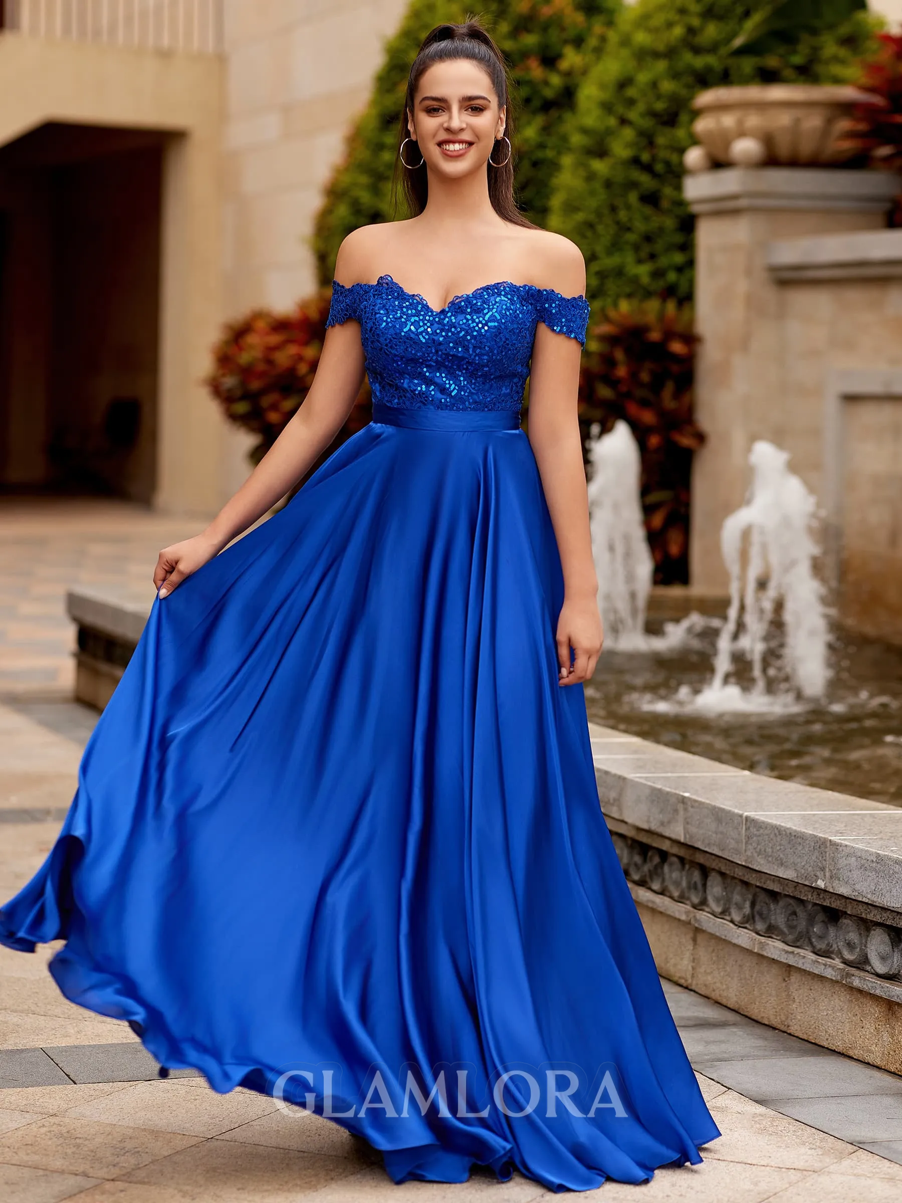 Charming A-line Off-the-Shoulder Appliques Lace Floor-Length Satin Chiffon Prom Dress