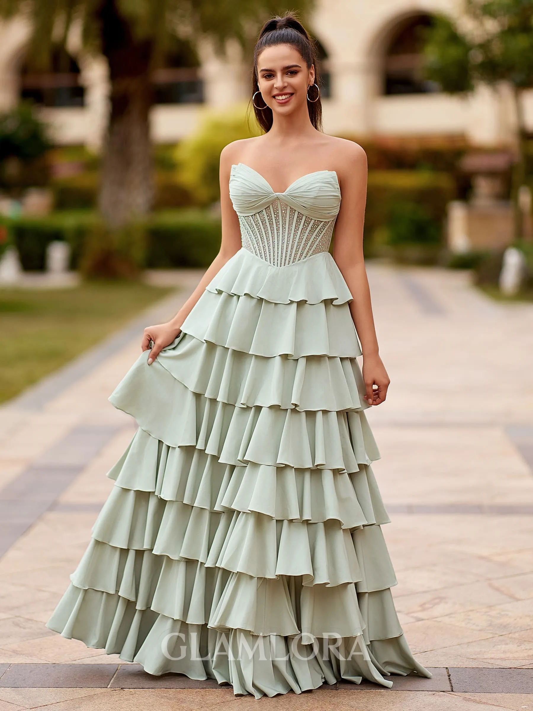 Exquisite A-line Sweetheart Cascading Ruffles Floor-Length Stretch Crepe Corset Prom Dress