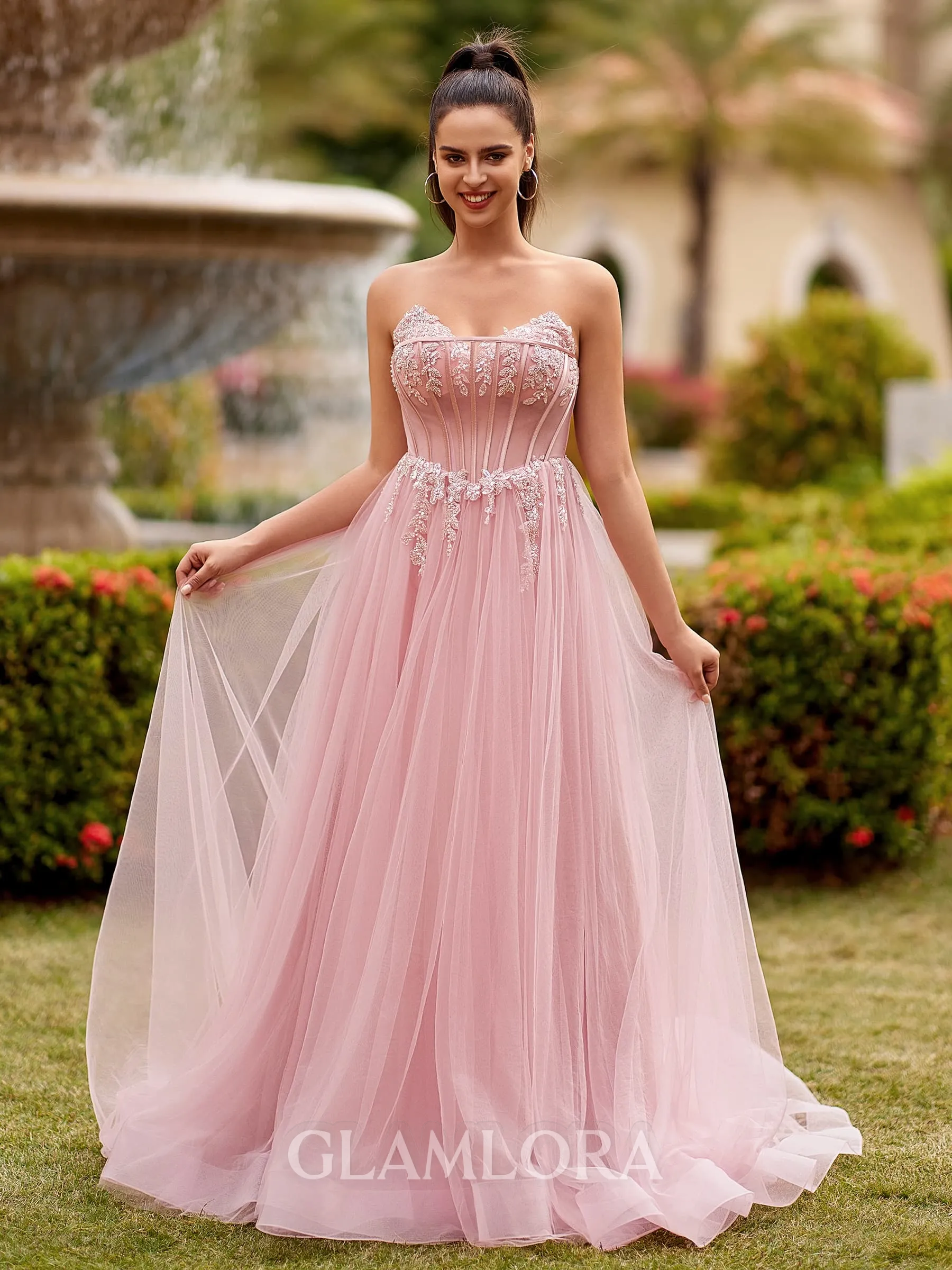 Splendid A-line Sweetheart Appliques Lace Sweep Train Tulle Corset Prom Dress