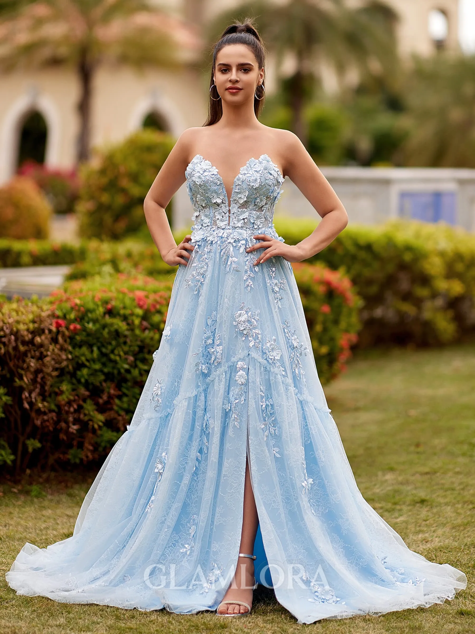 Graceful A-line Sweetheart Appliques Lace Sweep Train Tulle Corset Prom Dress