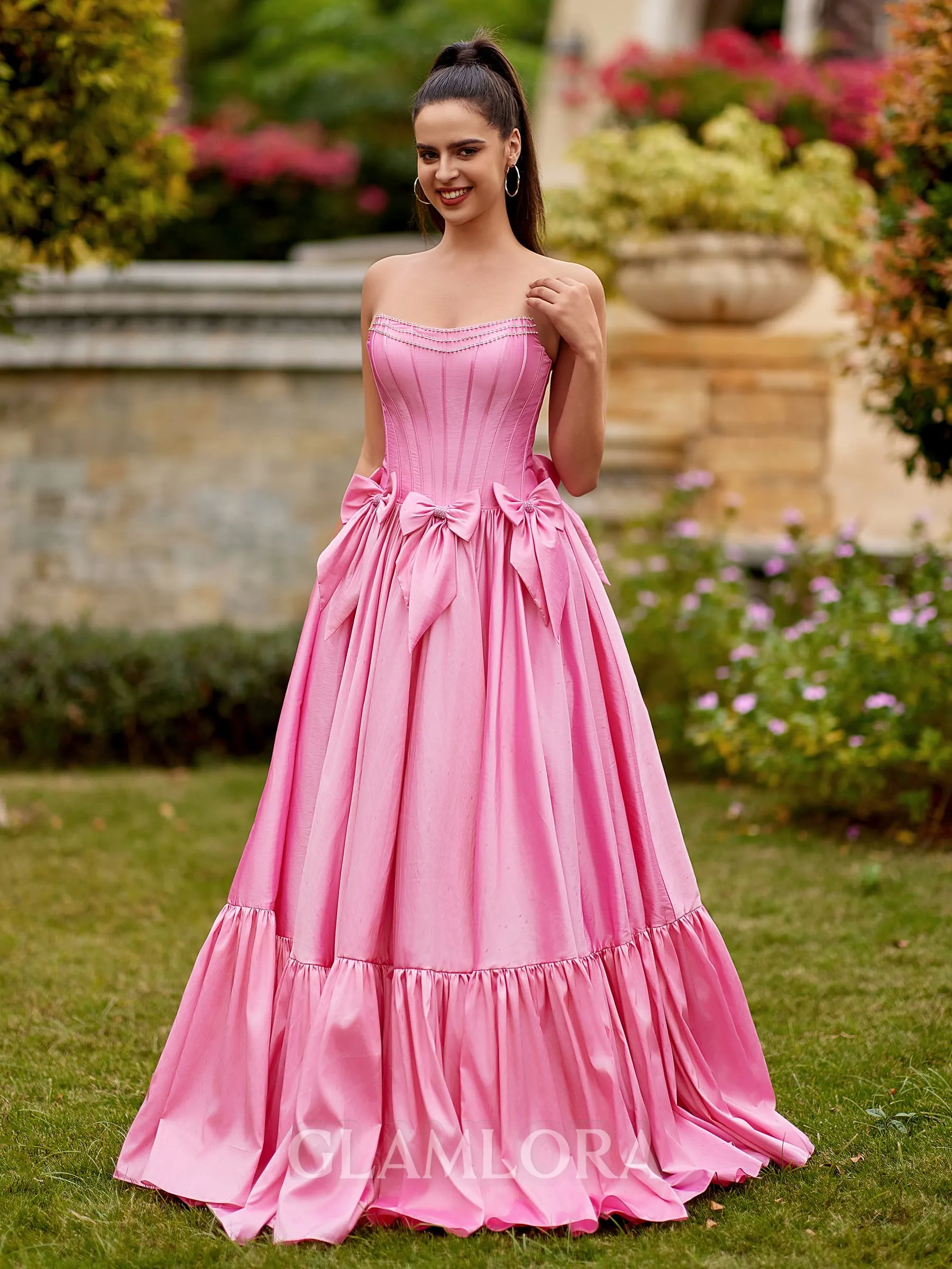 Magnificent A-line Straight Bow Floor-Length Taffeta Corset Prom Dress
