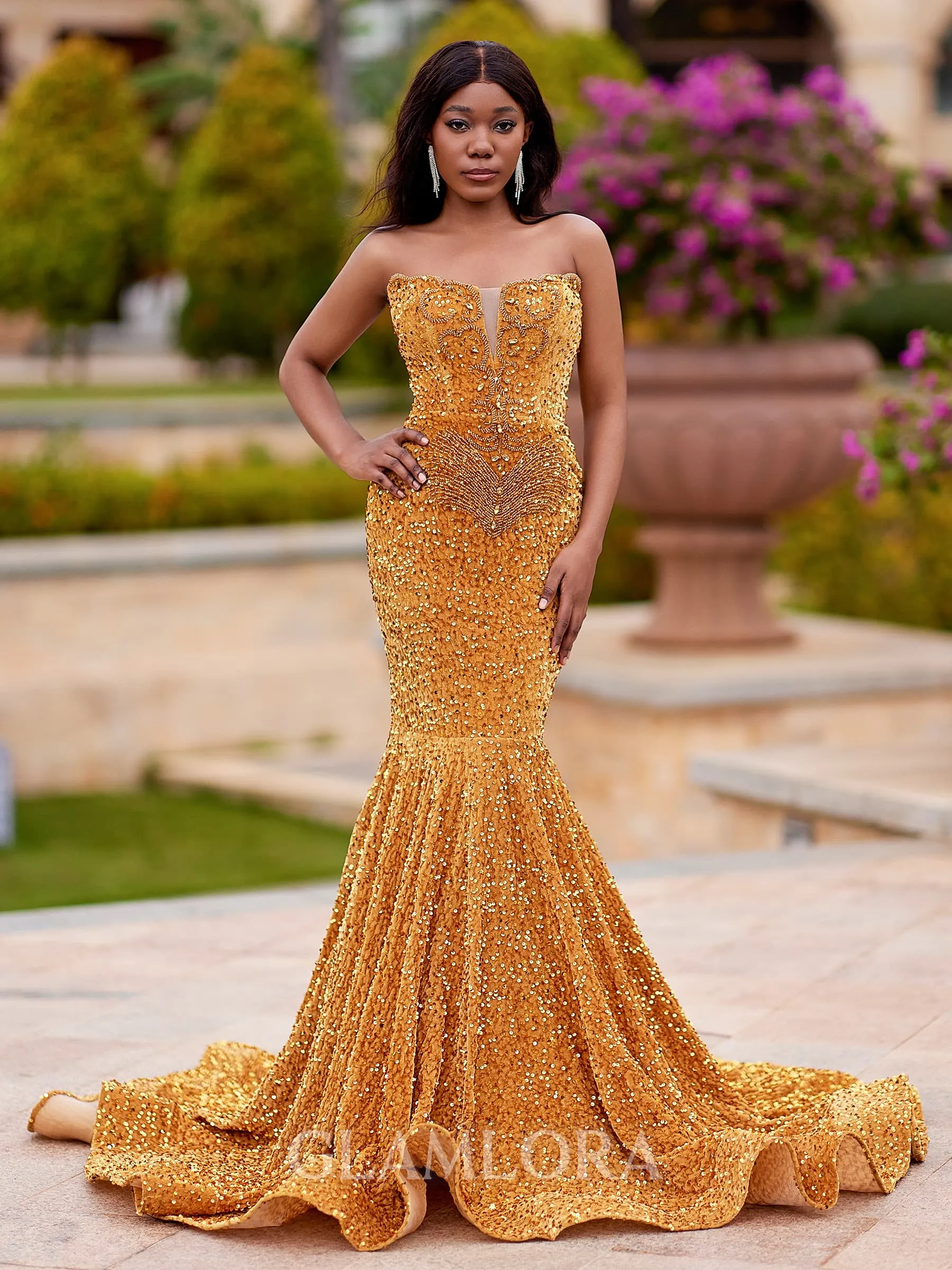 Unique Mermaid Straight Beading Sweep Train Velvet Sequins Prom Dress