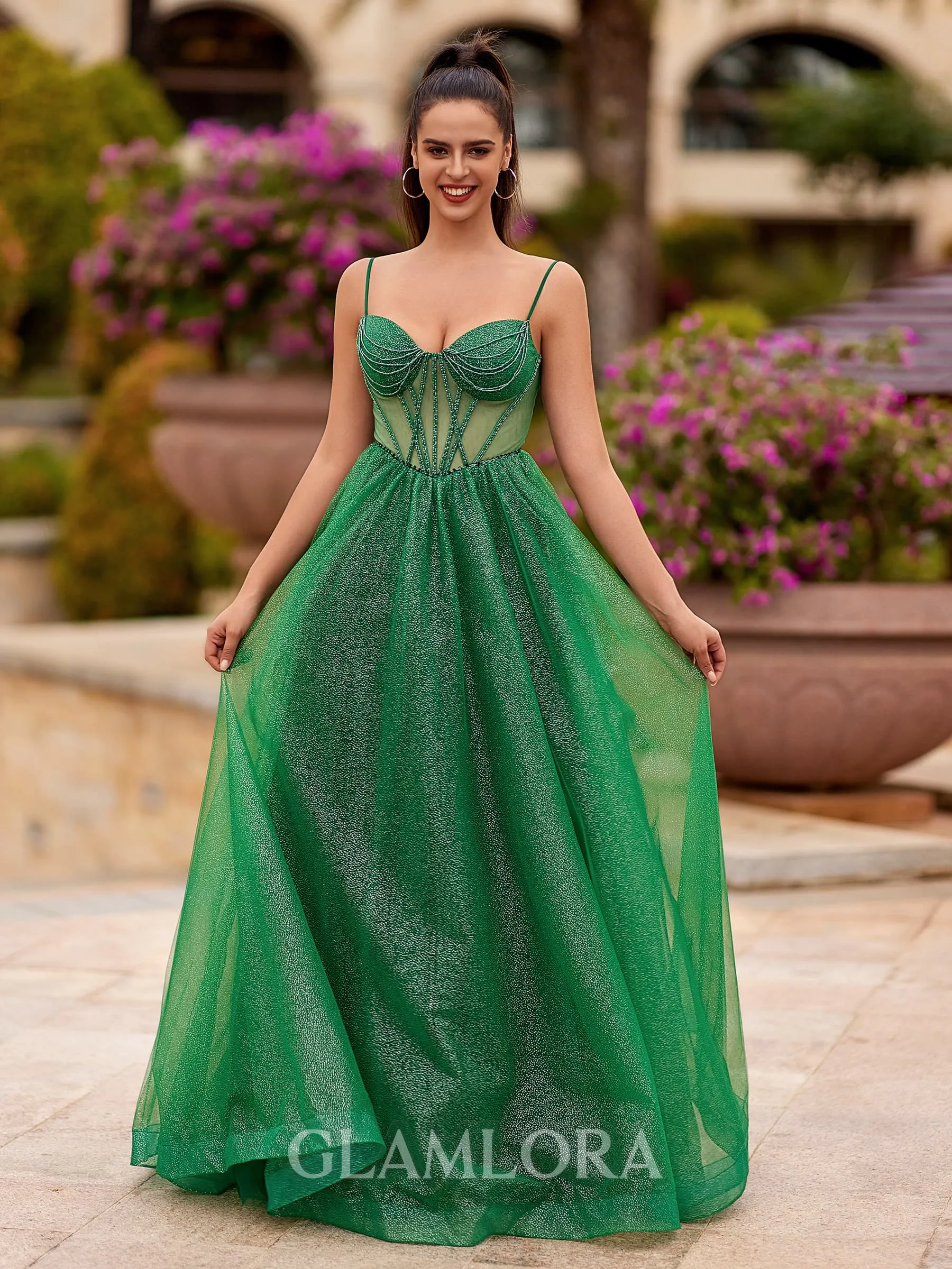Stunning A-line Spaghetti Straps Floor-Length Corset Prom Dress