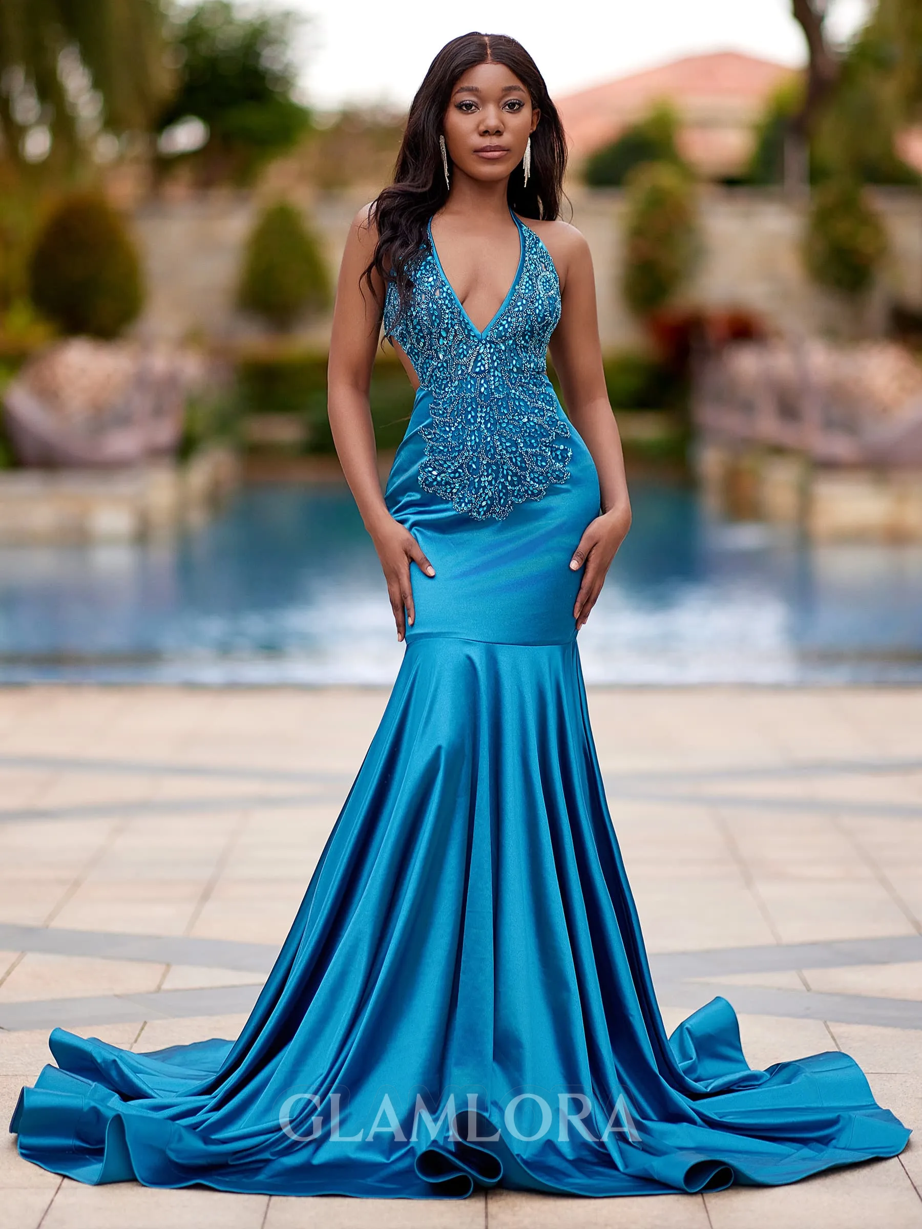 Splendid Mermaid Halter Beading Court Train Prom Dress