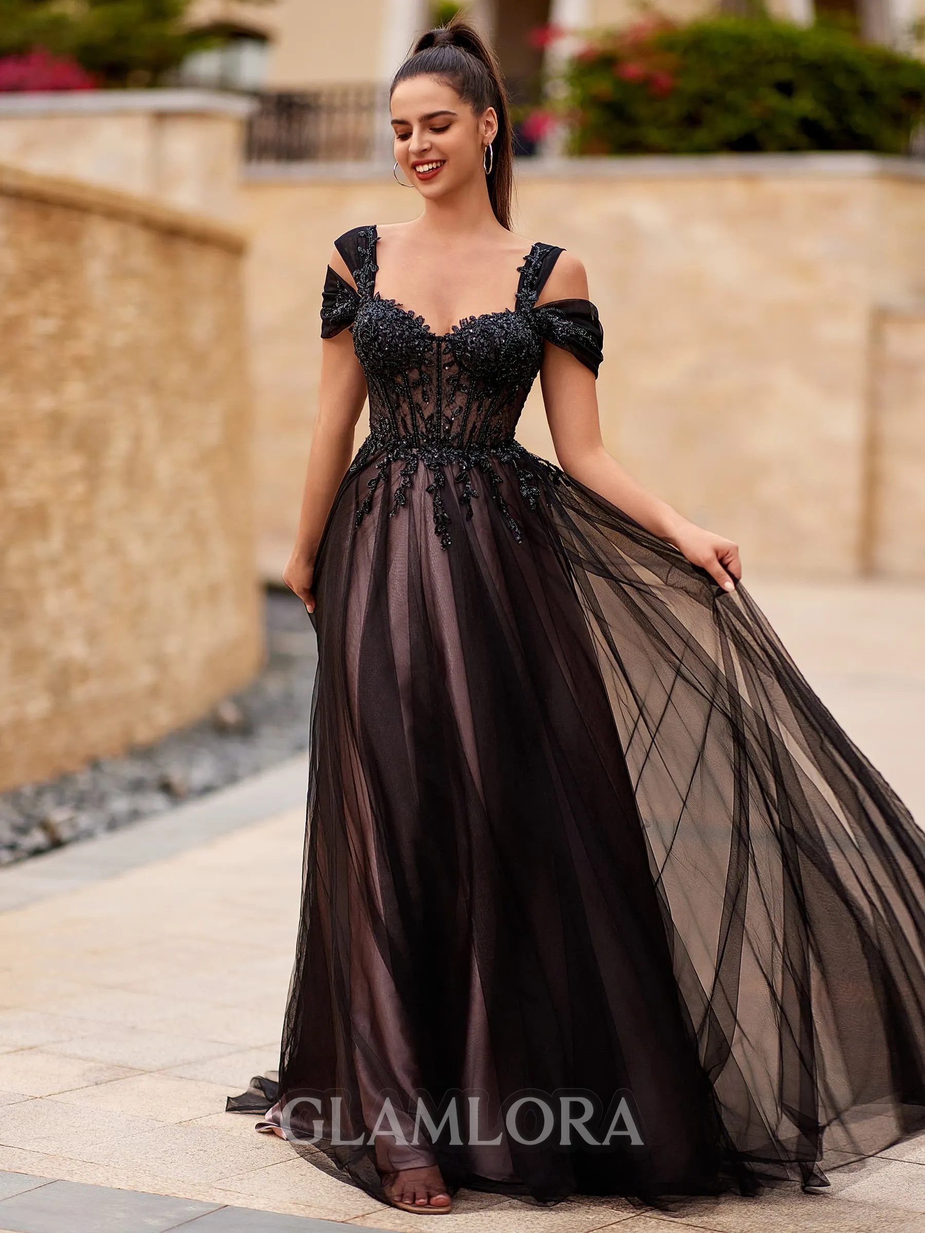 Graceful A-line Cold Shoulder Appliques Lace Sweep Train Tulle Corset Prom Dress