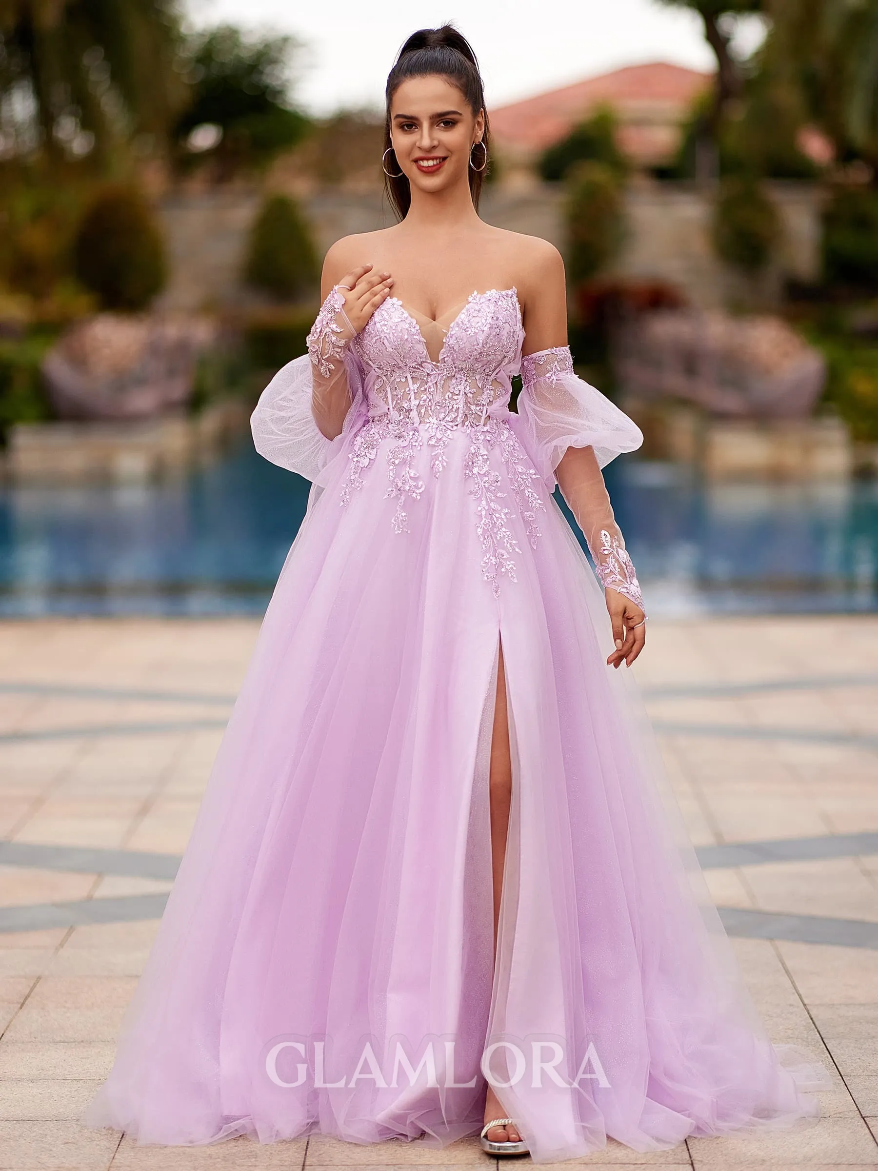 Enchanting A-line Sweetheart Long Sleeves Appliques Lace Sweep Train Tulle Corset Prom Dress