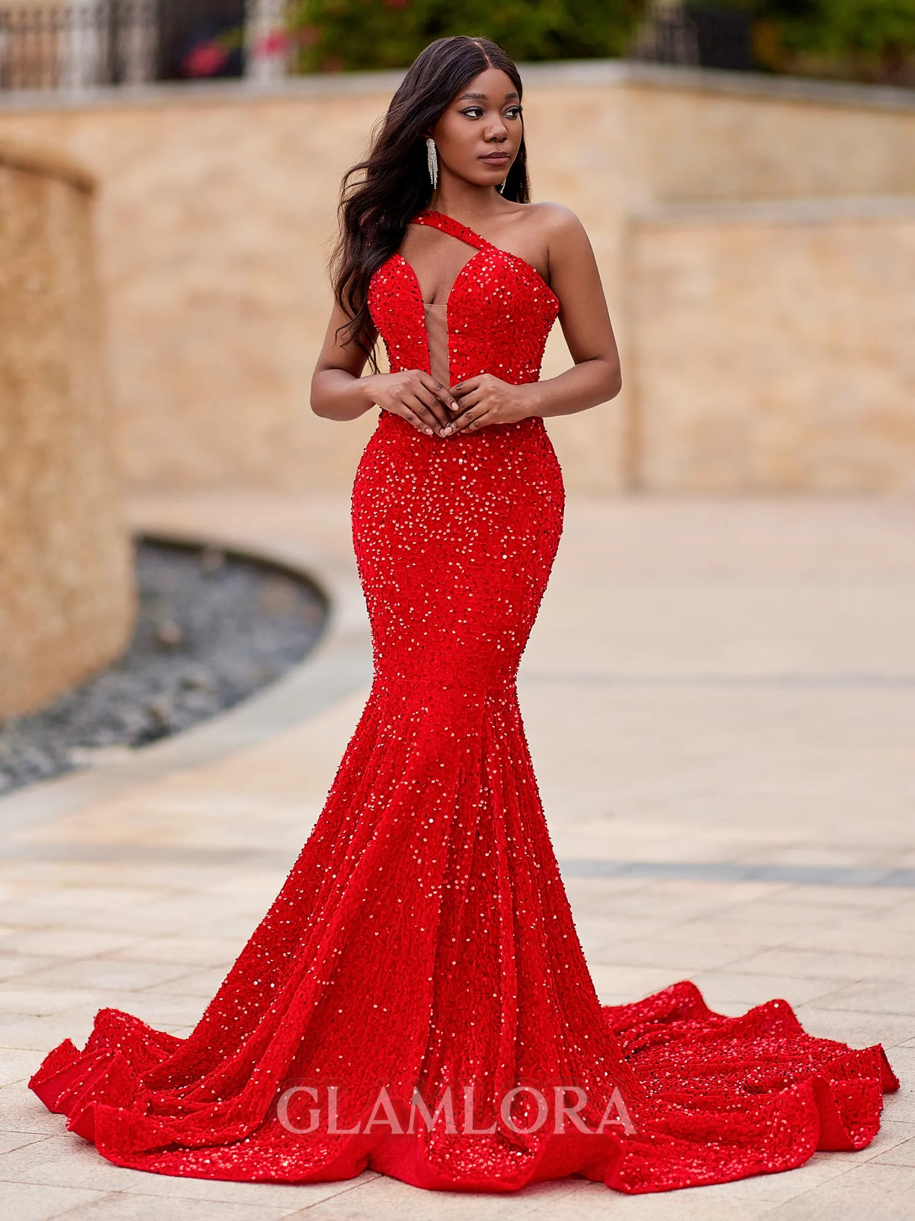 Breathtaking Mermaid One-Shoulder Court Train Velvet Sequins Prom Dress