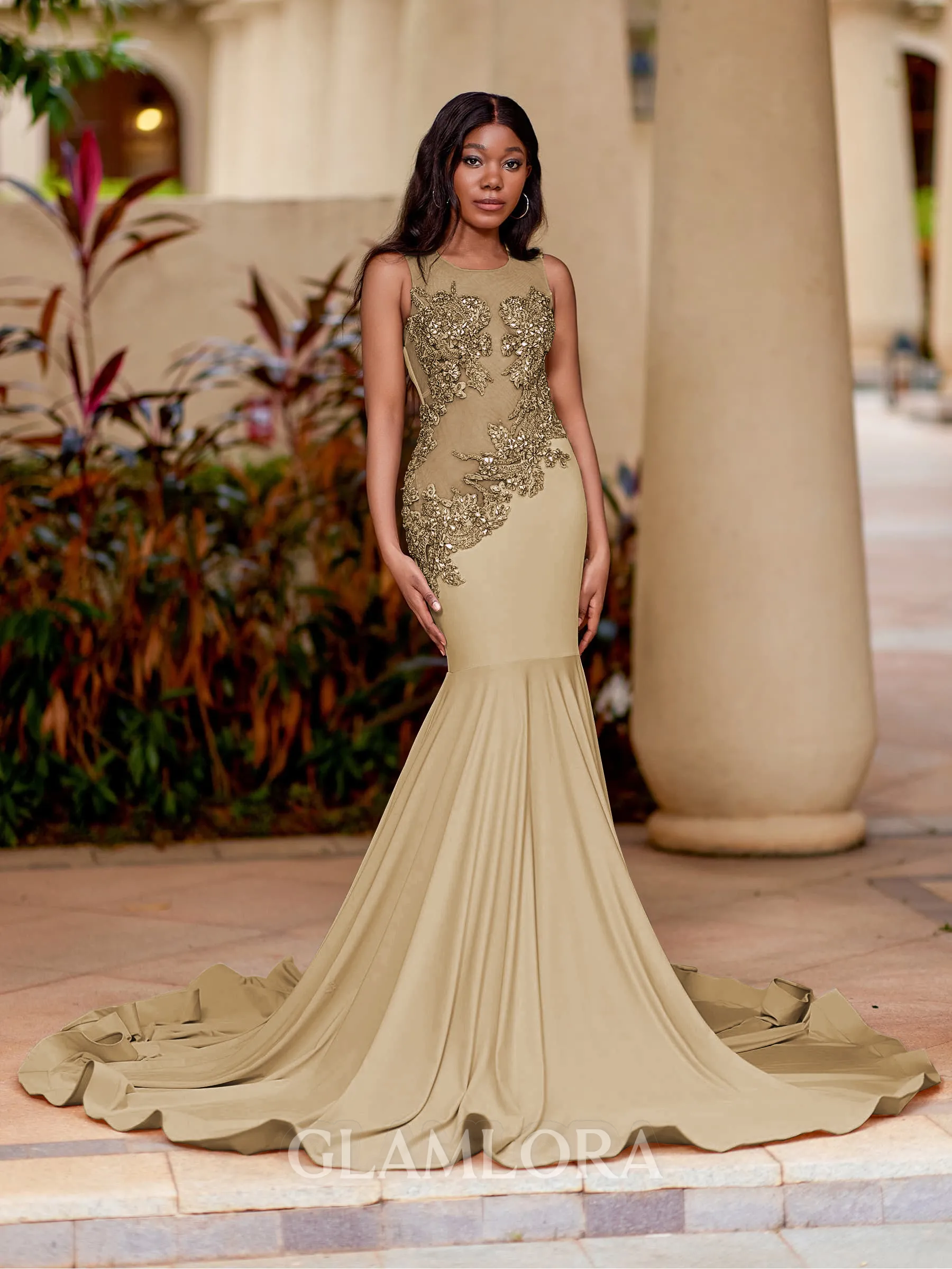 Mesmerizing Mermaid Scoop Beading Sweep Train Jersey Prom Dress