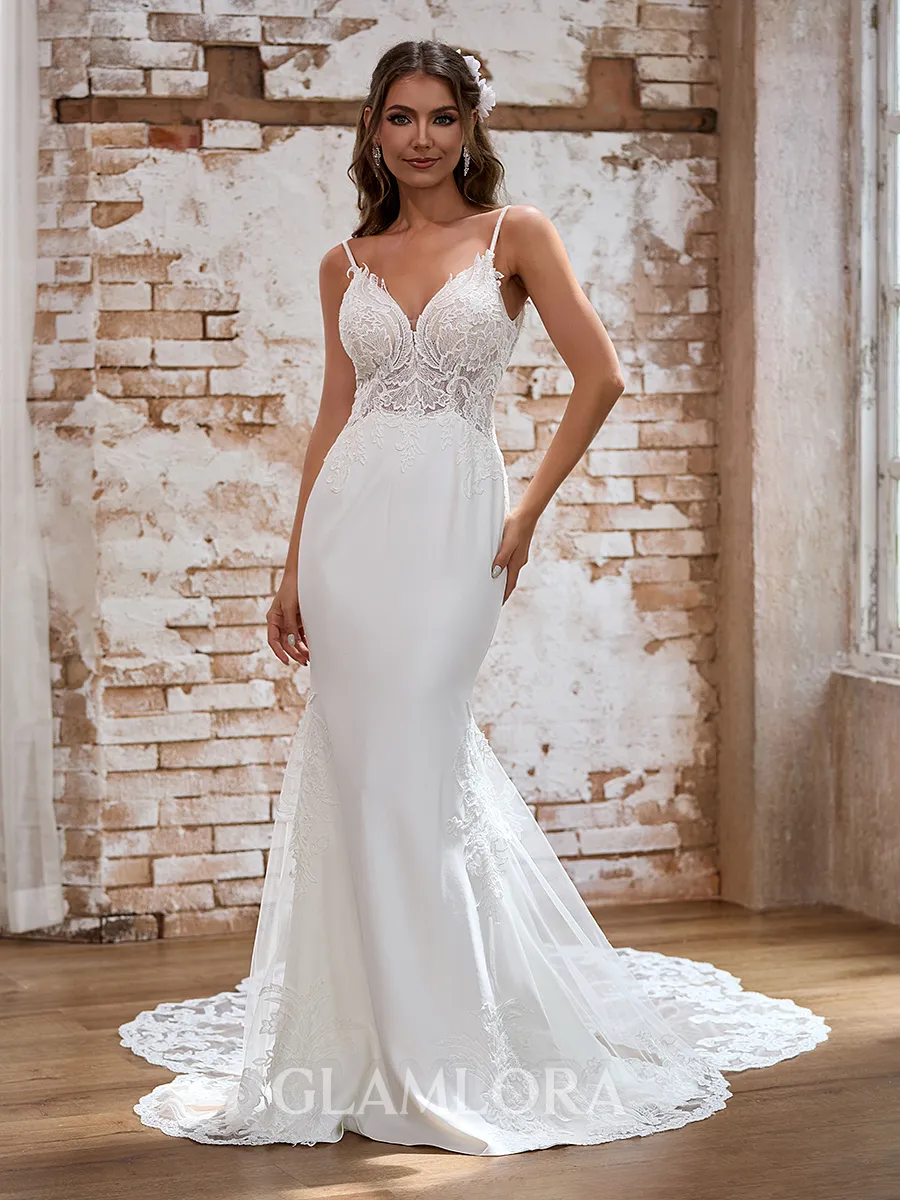 Sheath/Column Chic V-neck Stretch Crepe Cathedral Train Wedding Dress With Appliques Lace