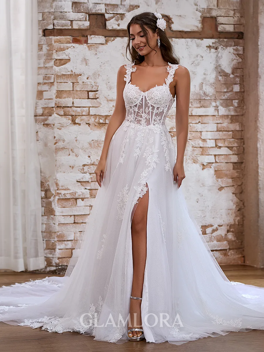 Exquisite A-line Off-the-Shoulder Tulle Cathedral Train Corset Wedding Dress With Slit