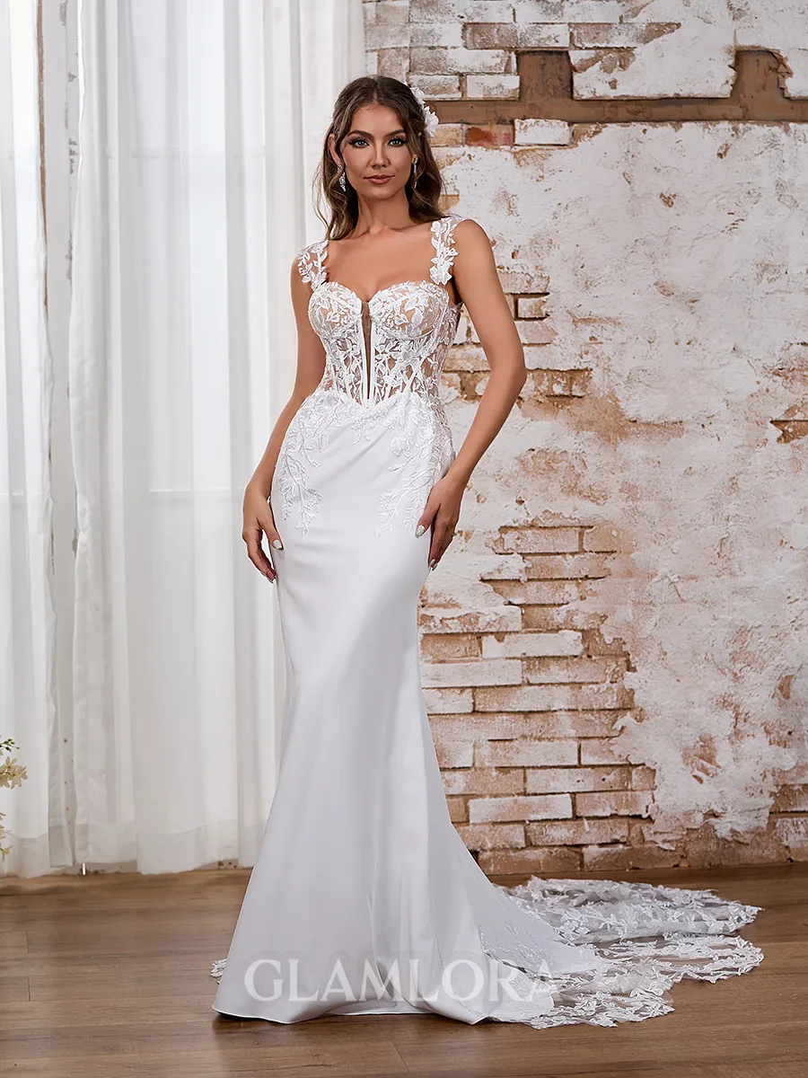 Fashion Sheath/Column Off-the-Shoulder Stretch Crepe Cathedral Train Corset Wedding Dress With Appliques Lace