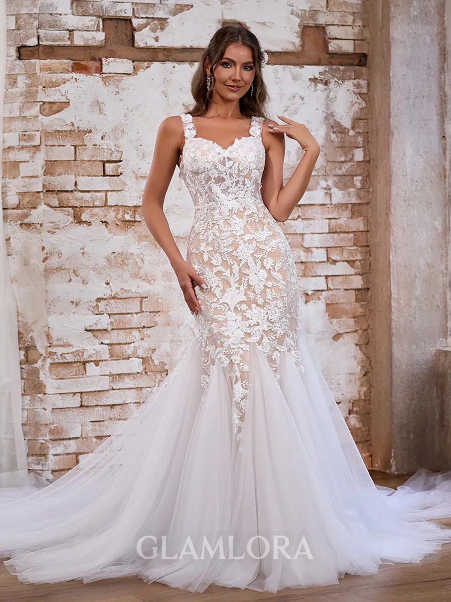 Flattering Trumpet/Mermaid Off-the-Shoulder Tulle Cathedral Train Corset Wedding Dress With Appliques Lace