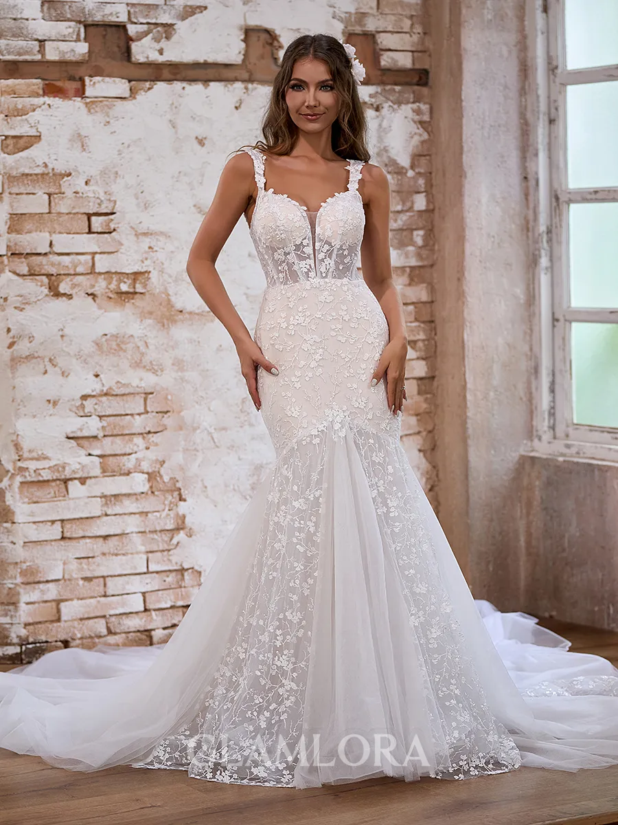 Trumpet/Mermaid Exquisite Off-the-Shoulder Tulle Cathedral Train Corset Wedding Dress With Appliques Lace