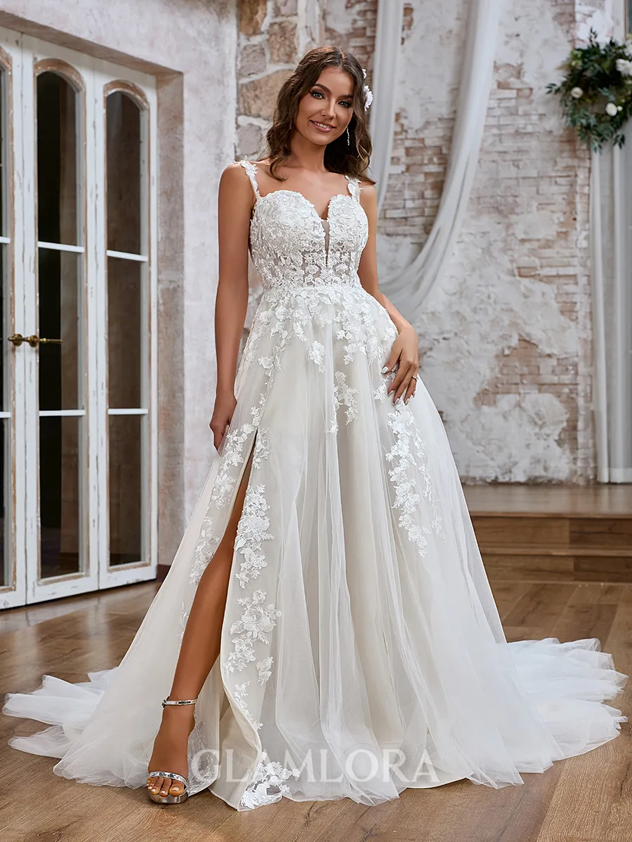 A-line Chic Off-the-Shoulder Tulle Chapel Train Wedding Dress With Slit