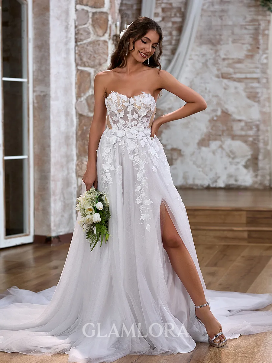 A-line Delicate Sweetheart Tulle Cathedral Train Corset Wedding Dress With Slit