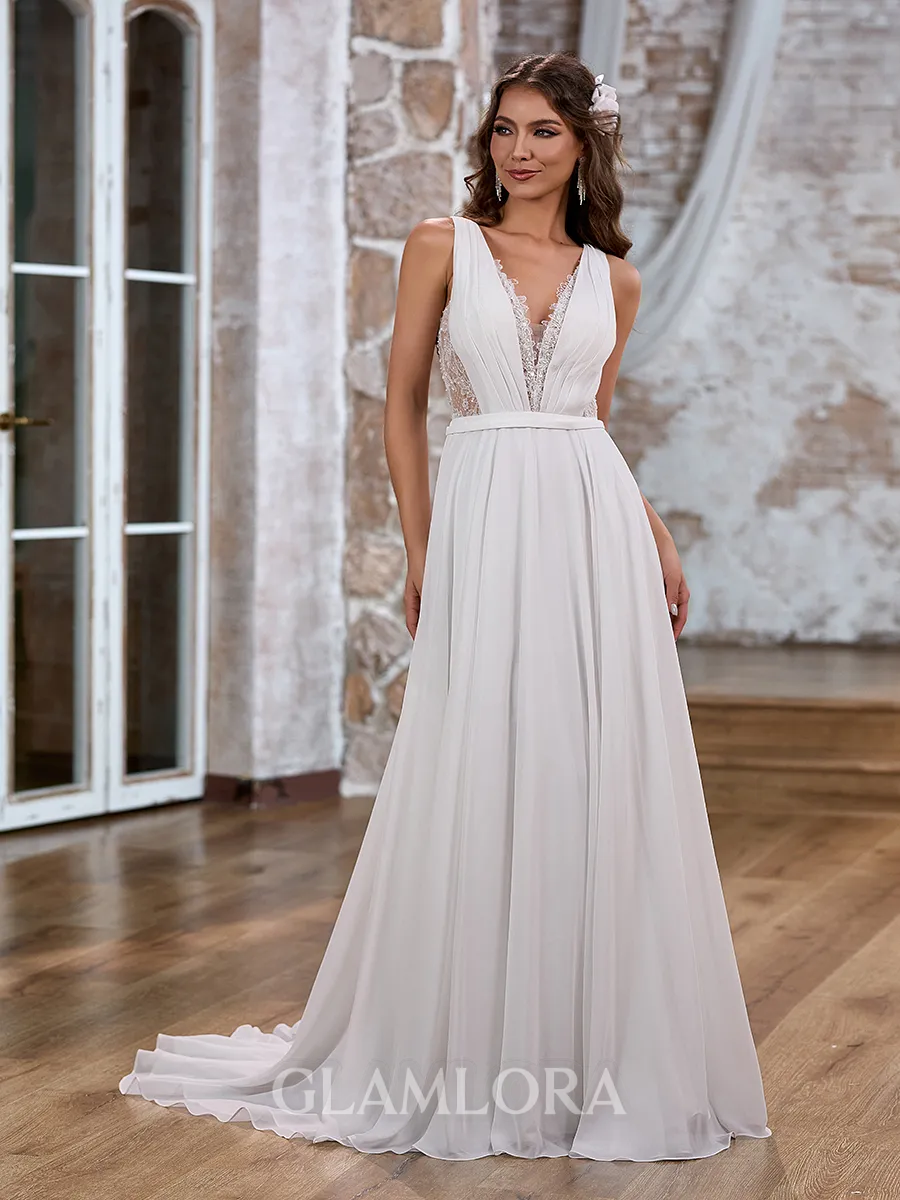 A-line Fashion V-neck Chiffon Sweep Train Wedding Dress With Appliques Lace