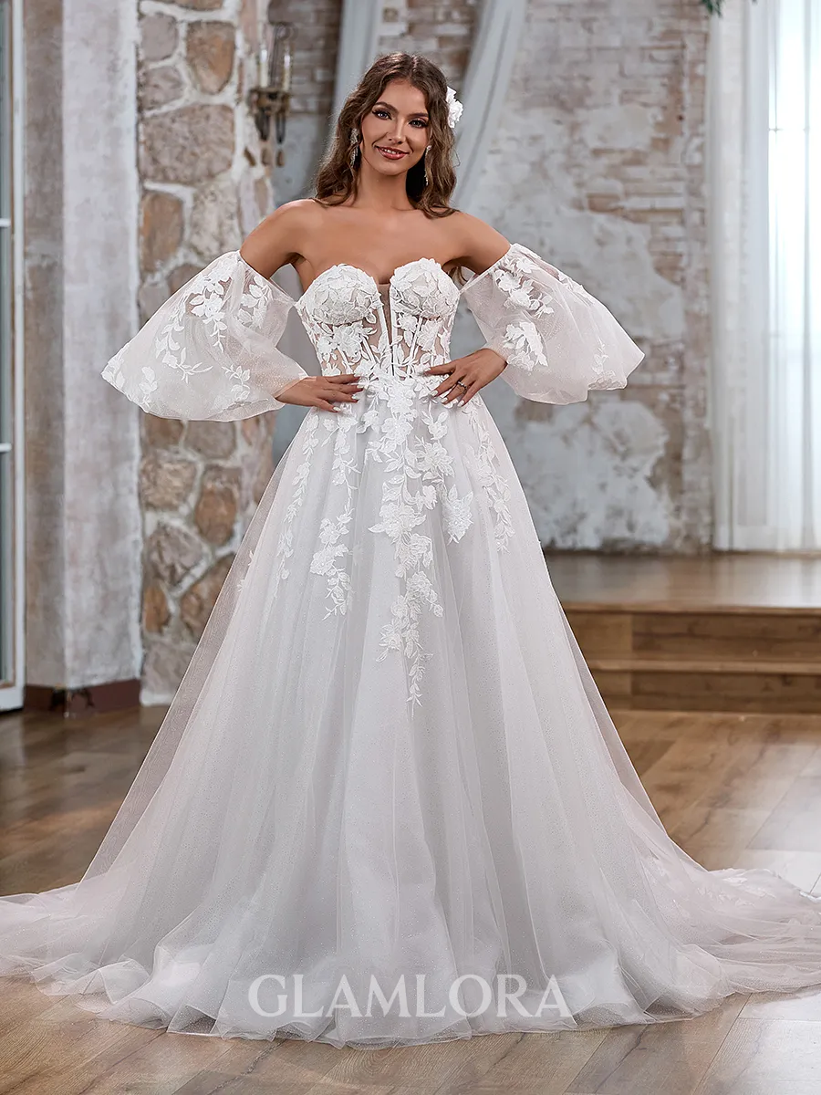 A-line Classy Sweetheart Long Sleeves Tulle Chapel Train Corset Convertible Wedding Dress With Appliques Lace