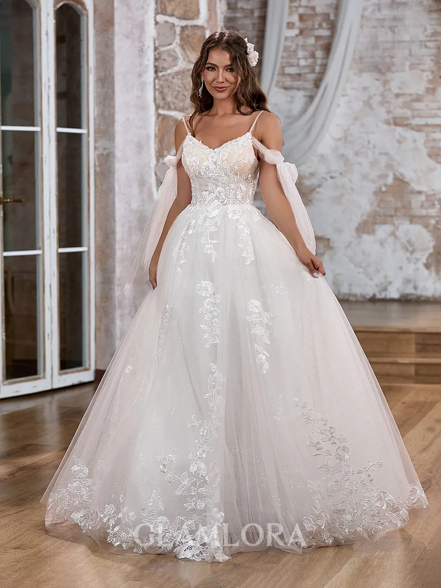 A-line Charming Cold Shoulder Tulle Chapel Train Wedding Dress With Pockets