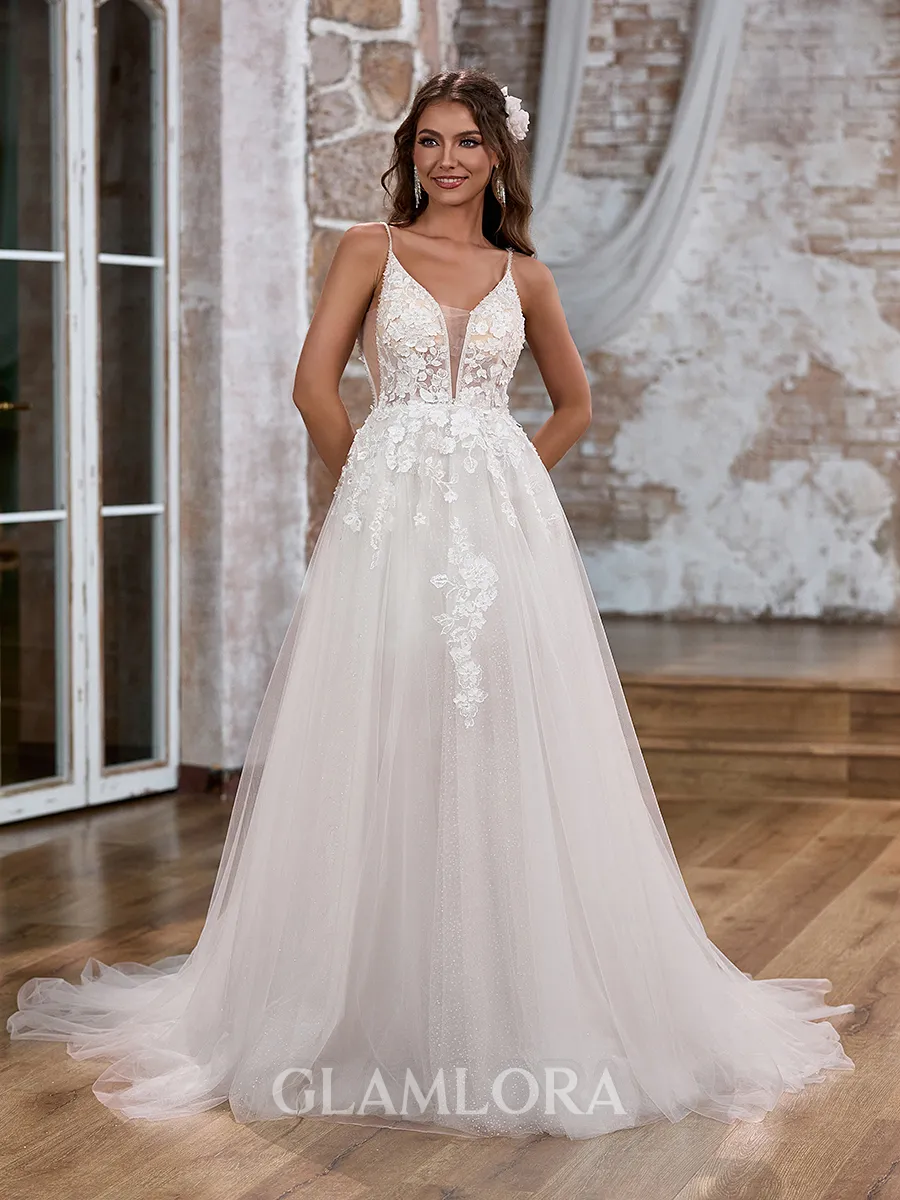 A-line Elegant V-neck Tulle Chapel Train Wedding Dress With Appliques Lace
