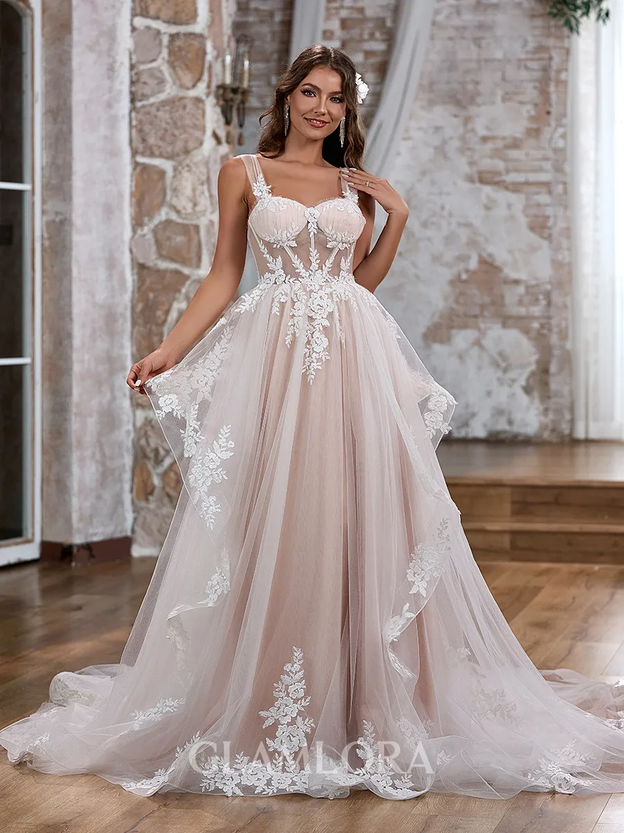 Glam A-line Straps Tulle Chapel Train Corset Wedding Dress With Appliques Lace