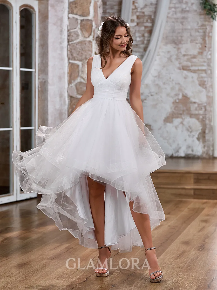 Princess A-line V-neck Asymmetrical Tulle Wedding Dress With Pleated