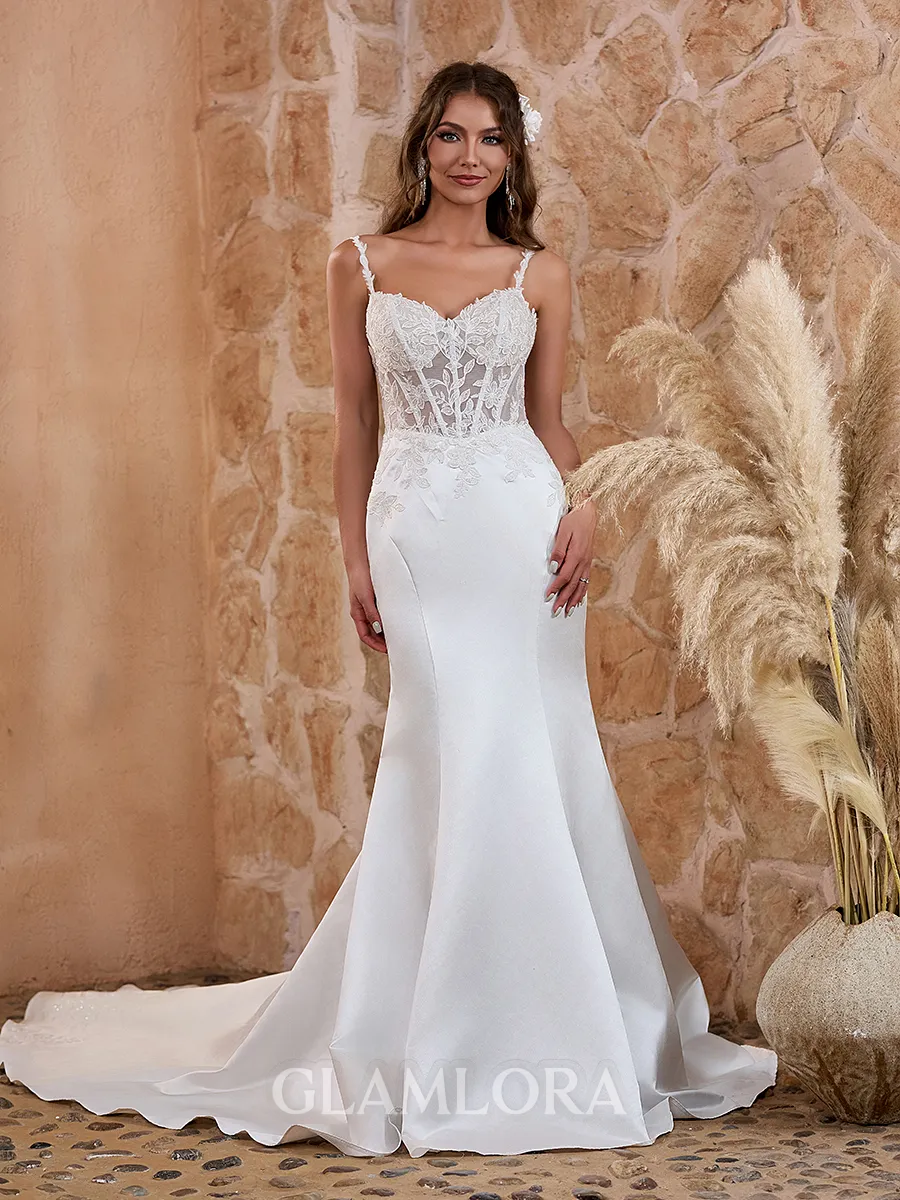 Fitted Trumpet/Mermaid Spaghetti Straps Satin Chapel Train Corset Wedding Dress With Appliques Lace