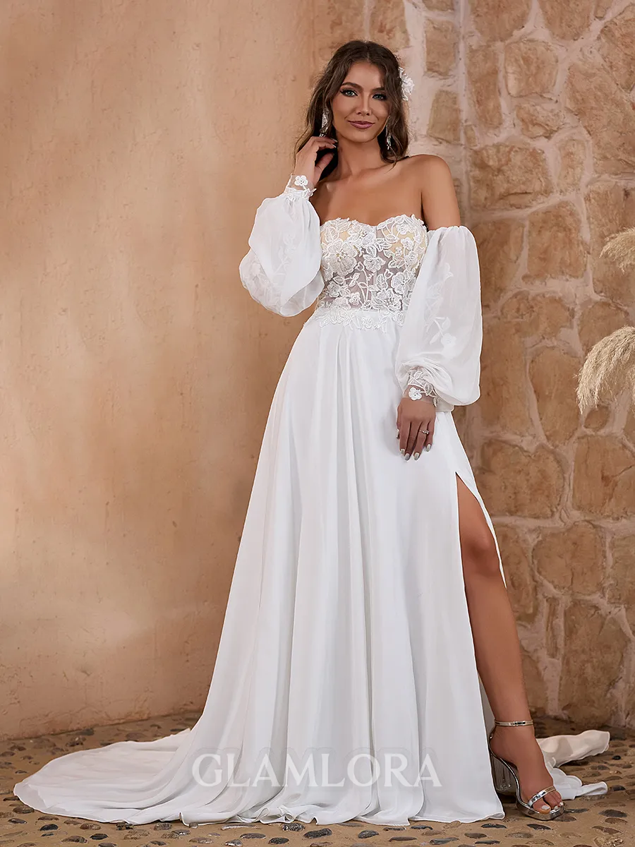A-line Perfect Sweetheart Long Sleeves Chiffon Court Train Corset Convertible Wedding Dress With Slit
