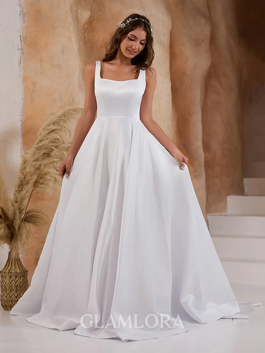 Dreamy A-line Square Satin Court Train Wedding Dress With Pockets
